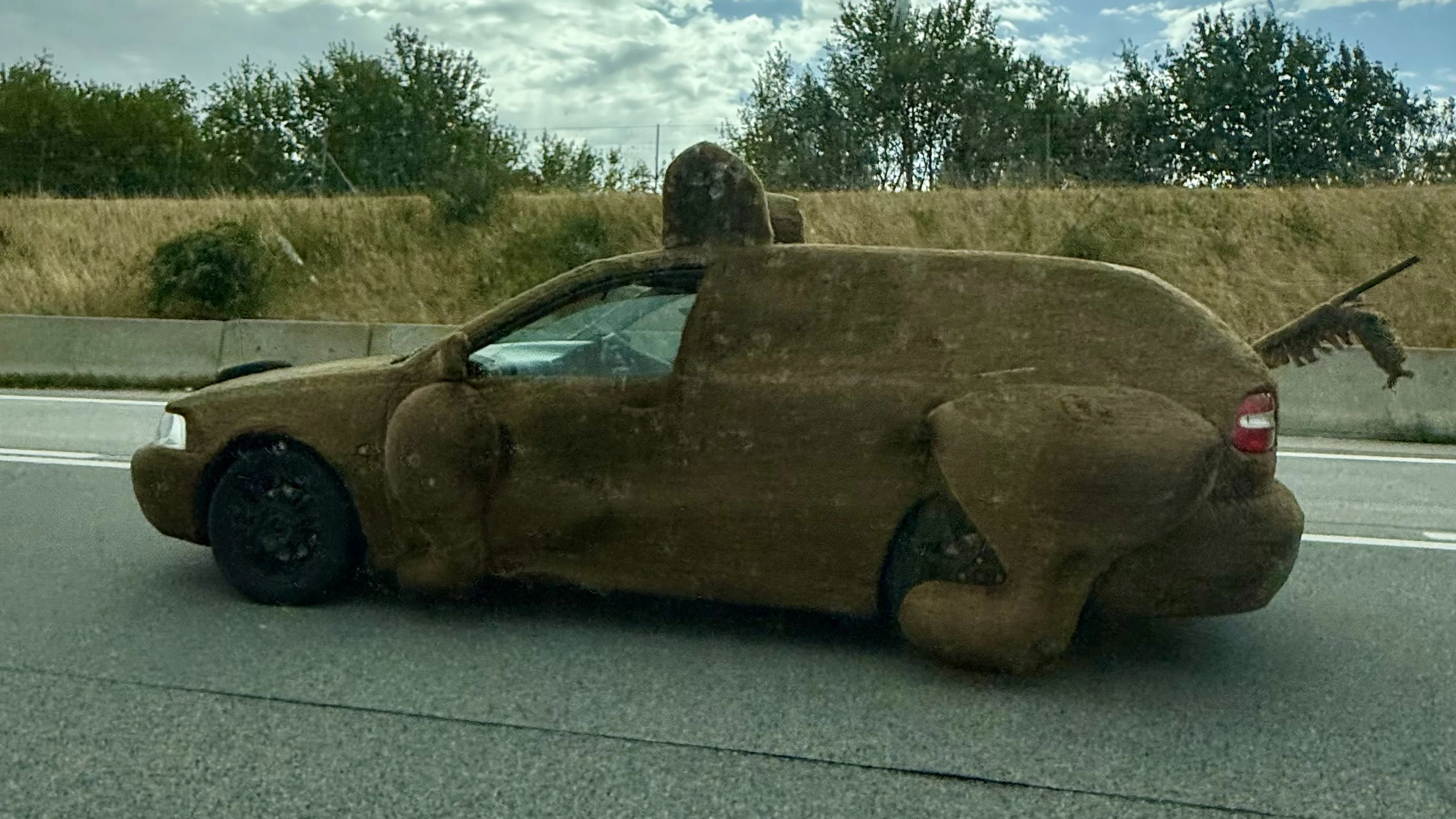Einzigartig: Der Volvo V40 im Hunde-Look auf der S1 Richtung Schwechat unterwegs.