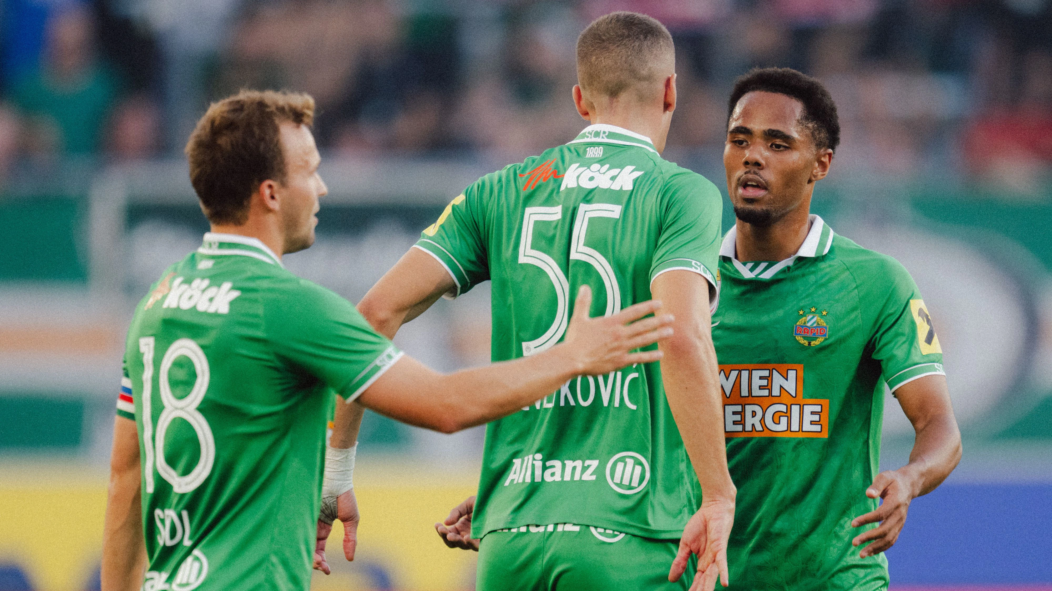 VIENNA,AUSTRIA,30.AUG.26 - SOCCER - ADMIRAL Bundesliga, SK Rapid Wien vs SK Sturm Graz. Image shows the rejoicing of Matthias Seidl, Nenad Cvetkovic and Petter Nosa Dahl (Rapid). Photo: GEPA pictures/ Alexander Solc
