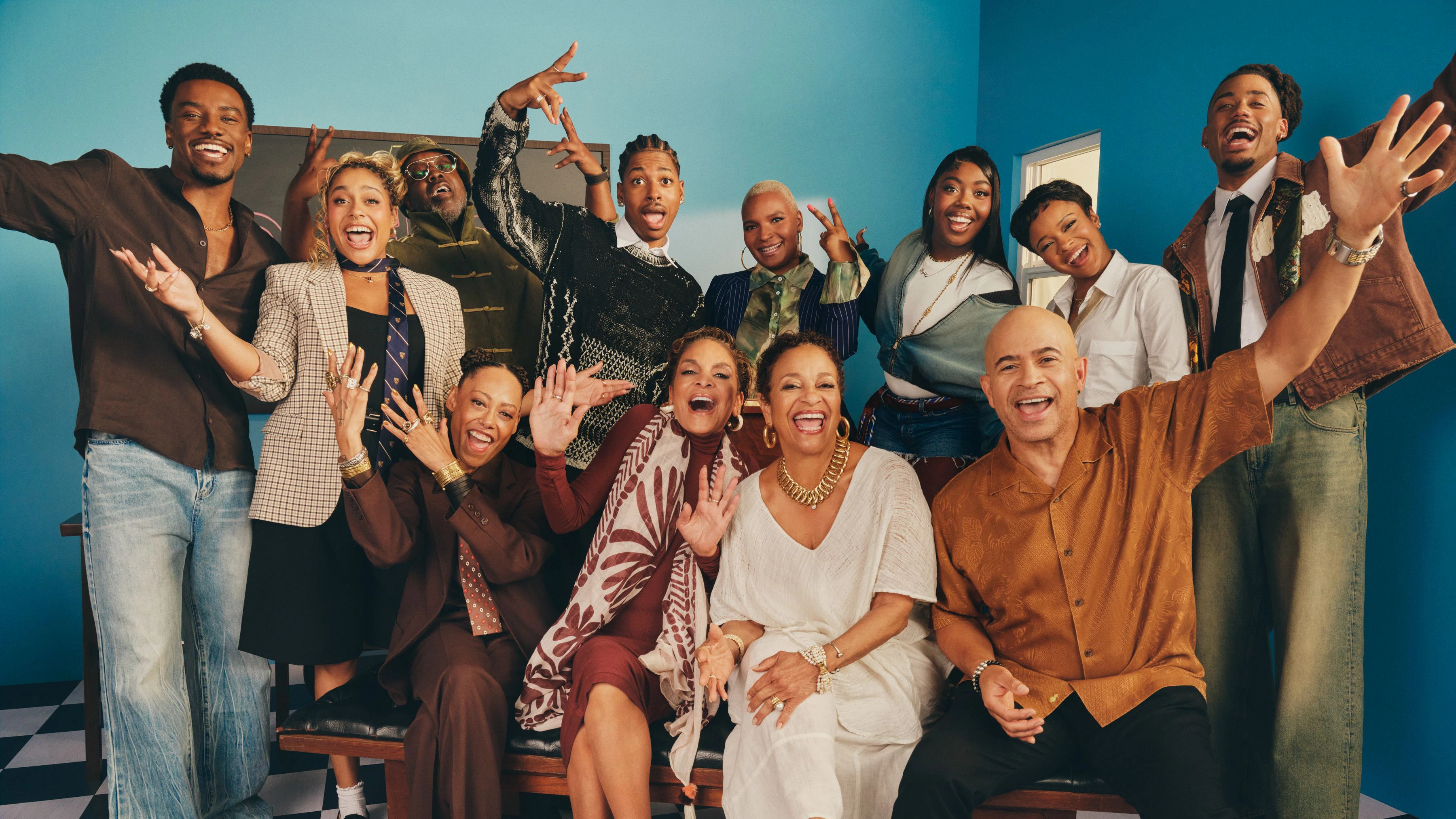 A Different World - Season 1. (L to R) Chibuikem Uche, Kennedi Reece, Cree Summer, Kadeem Hardison, Jordan Aaron Hall, Jasmine Guy, Felicia Pride, Debbie Allen, Alijah Kai, Darryl M. Bell, Maleah Joi Moon, Cornell Young IV in A Different World. Cr. Micaiah Carter/Netflix © 2026