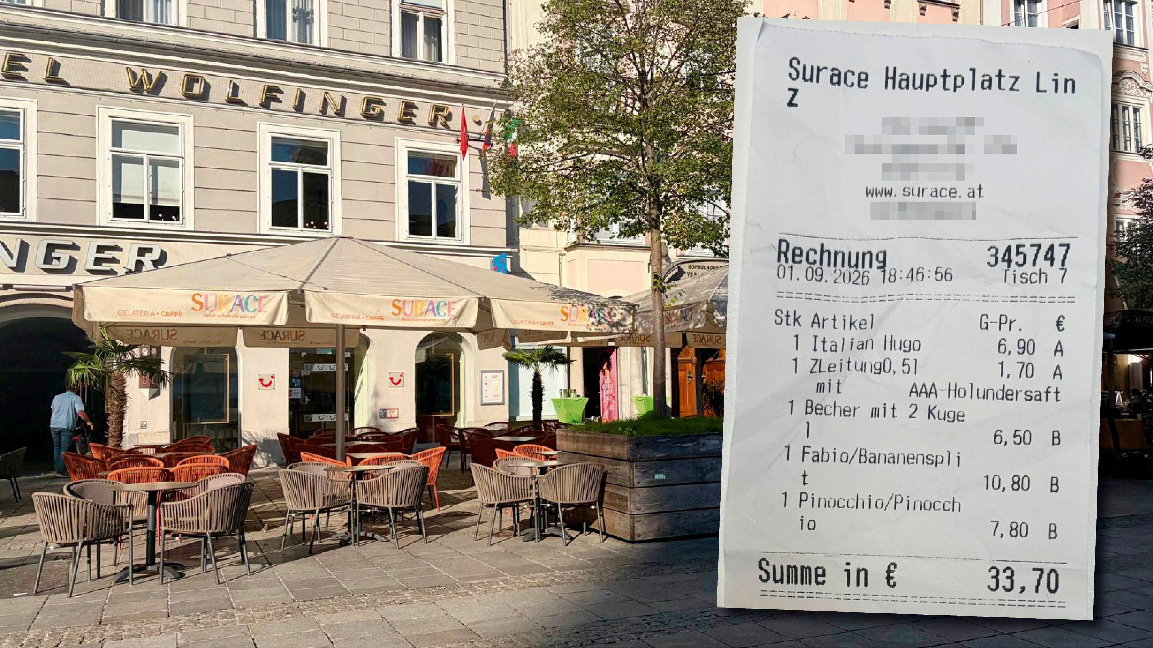 Einladend: der Gastgarten vom Surace am Linzer Hauptplatz. Auch der Preis des Hollundersaftes sorgte für Freude.
