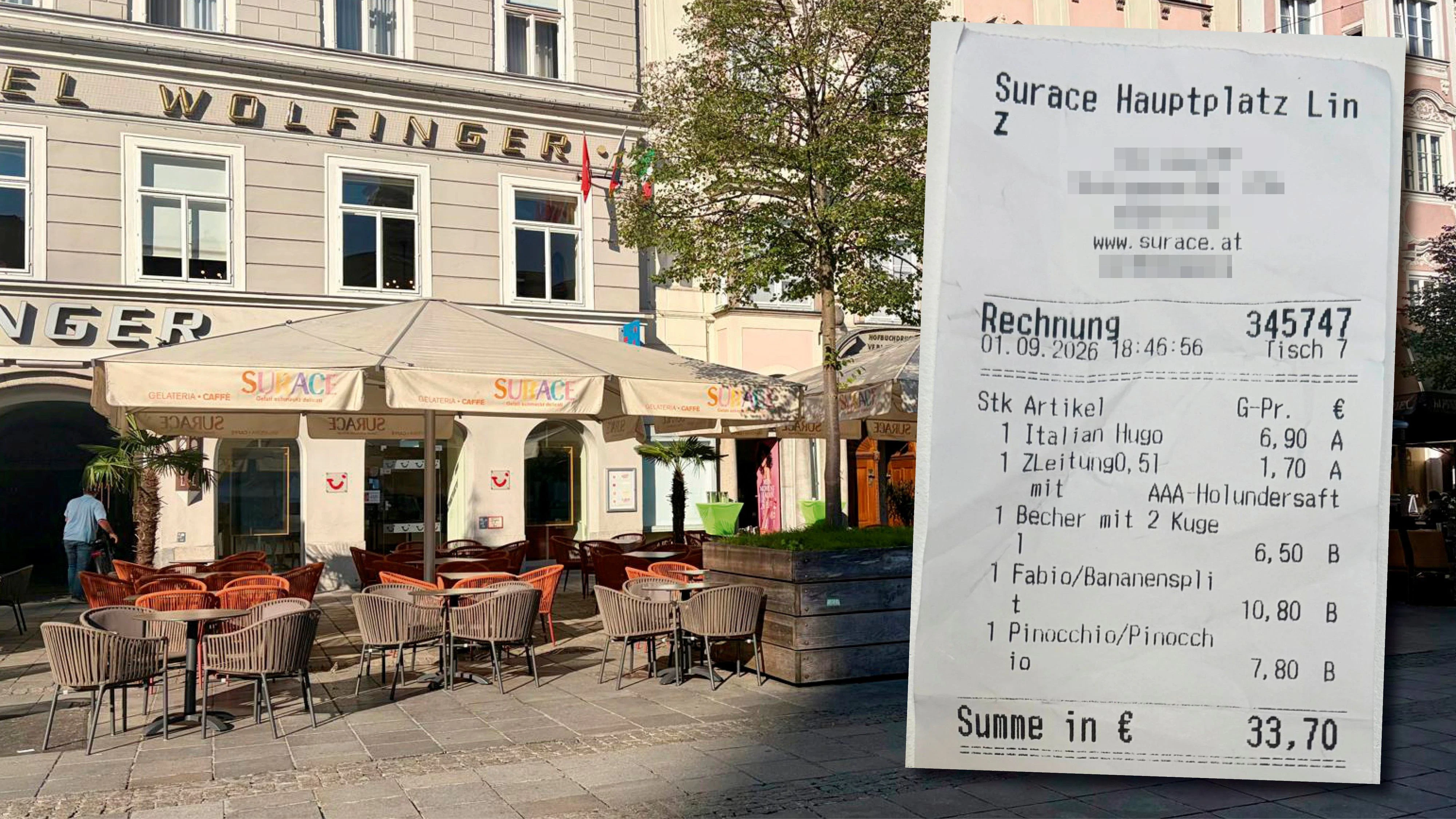 Einladend: der Gastgarten vom Surace am Linzer Hauptplatz. Auch der Preis des Hollundersaftes sorgte für Freude.