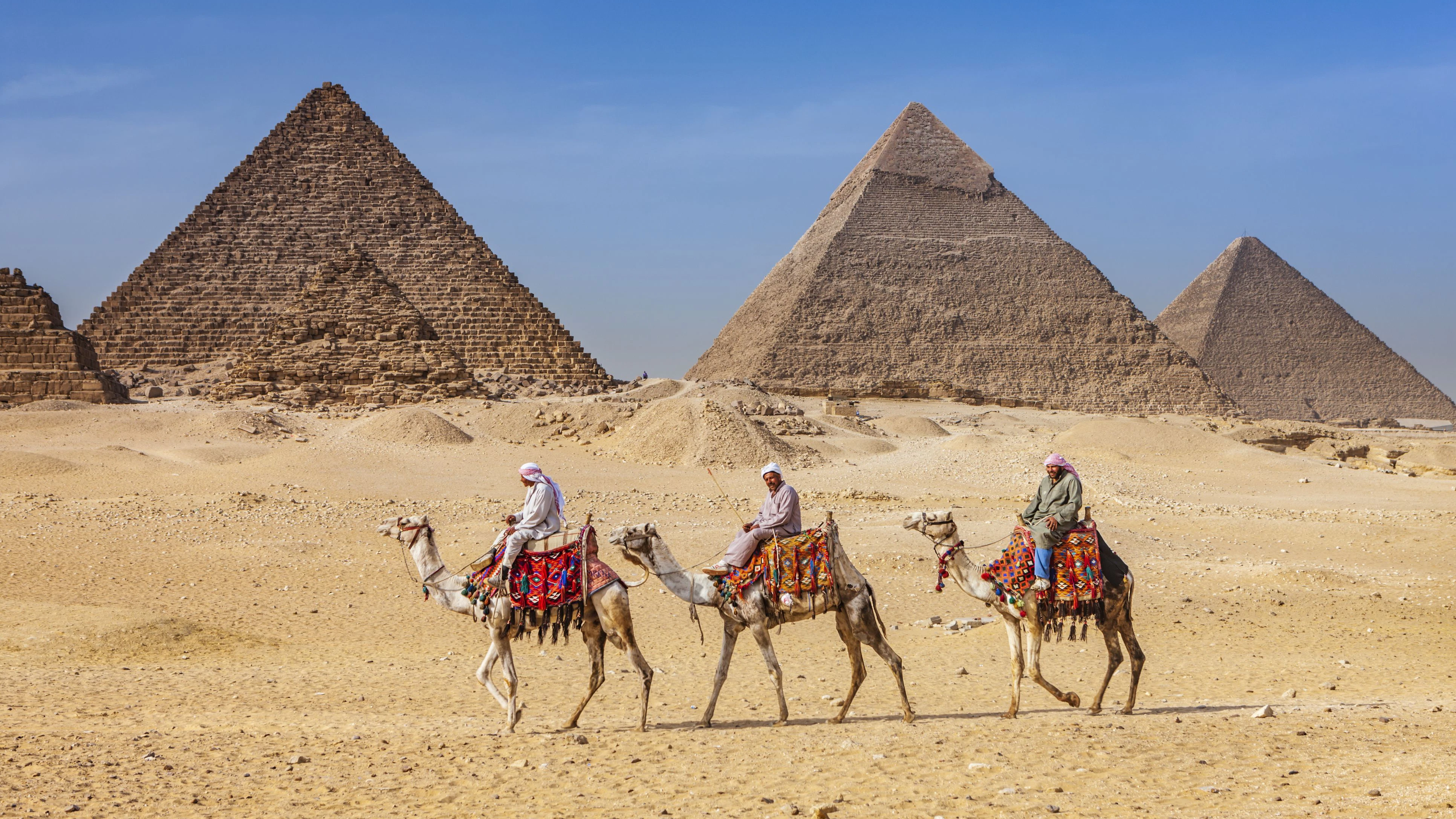 Bedouins riding on camels, pyramids on the background, Giza, Egypt.