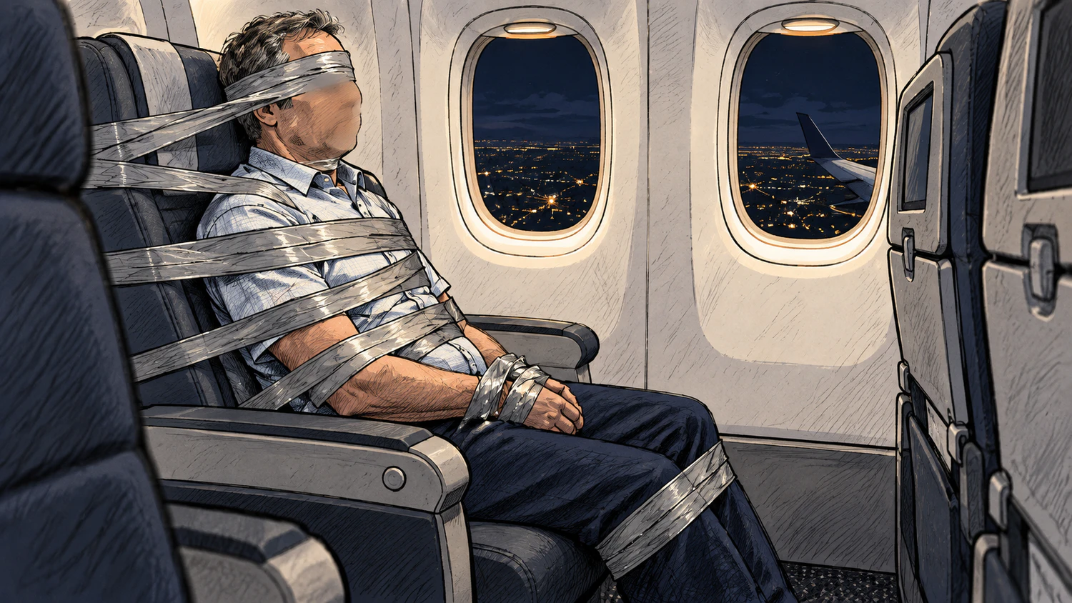 Der Passagier wurde mit Klebeband an seinen Sitzplatz gefesselt. KI-Interpretation.