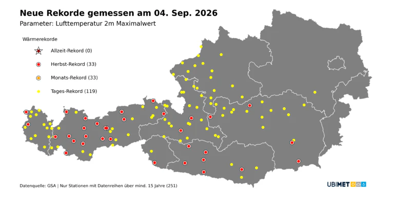 Neu aufgestellte Temperaturrekorde am 4. September 2026