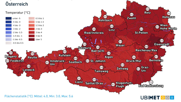 Abweichung der Mitteltemperatur vom Klimamittel 1991-2020.