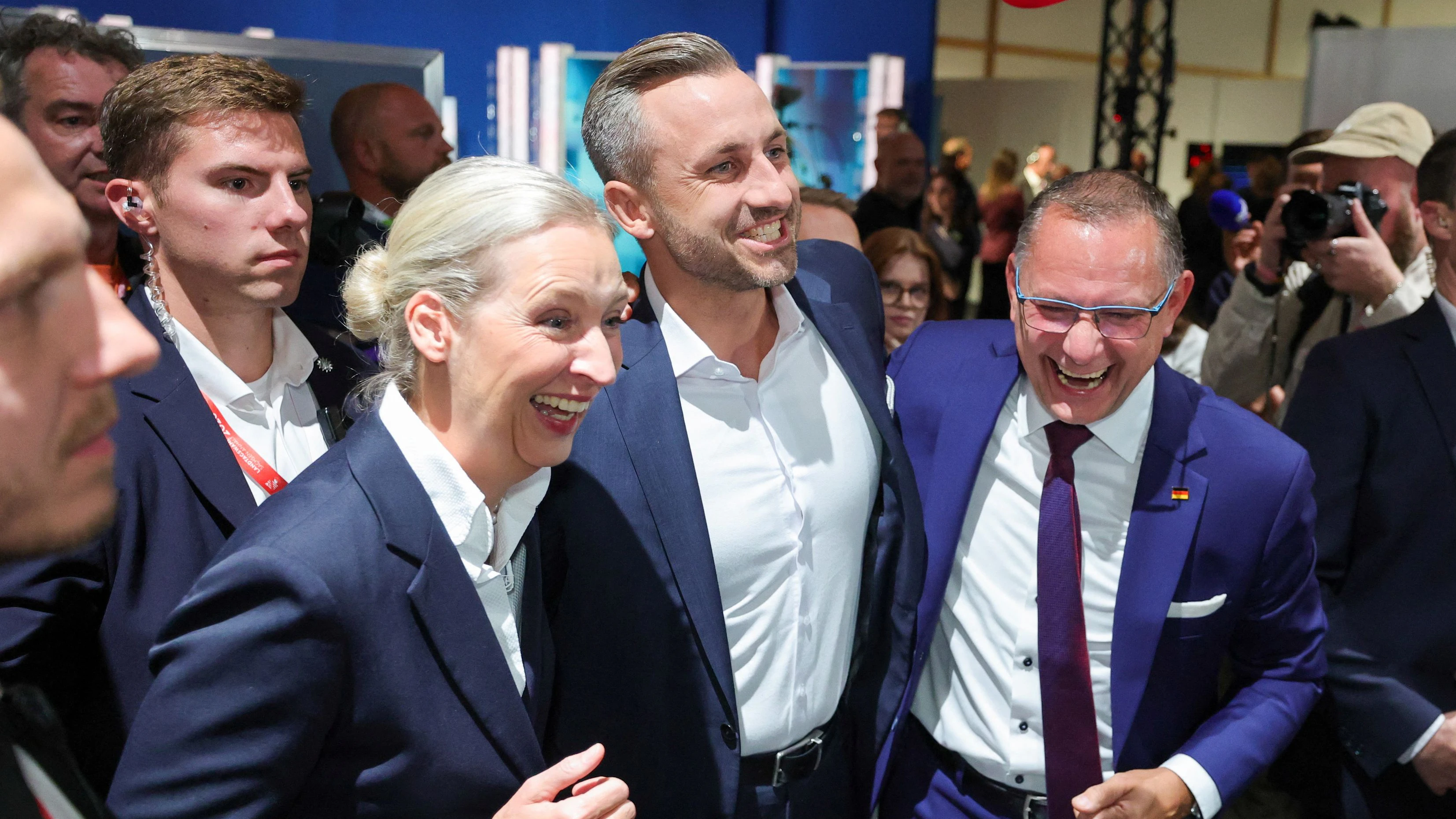 Top candidate of the far-right Alternative for Germany (AfD), Ulrich Siegmund, with party co leaders Alice Weidel and Tino Chrupalla, reacts after polls closed, on the day of the Saxony-Anhalt state elections, in Magdeburg, Germany, September 6, 2026. REUTERS/Fabrizio Bensch 