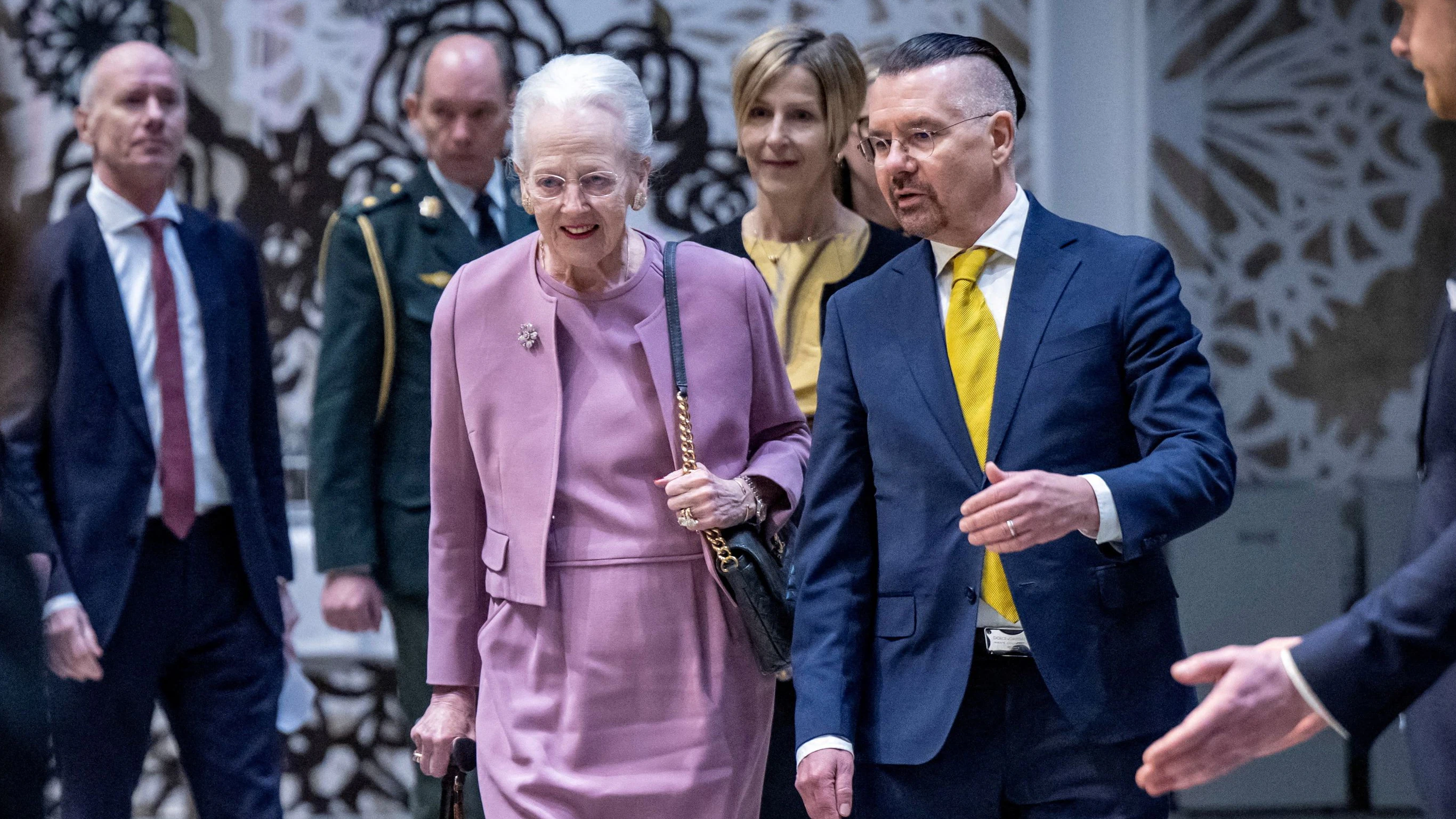 Former Queen Margrethe of Denmark arrives with Rector Erik Renstroem for a lecture at the Museum of Artistic Process and Public Art (Skissernas Museum) in Lund, Sweden, January 23, 2026.  Johan Nilsson/TT News Agency/via REUTERS      ATTENTION EDITORS - THIS IMAGE WAS PROVIDED BY A THIRD PARTY. SWEDEN OUT. NO COMMERCIAL OR EDITORIAL SALES IN SWEDEN.  REFILE - CORRECTING FROM "QUEEN MARGRETHE" TO "FORMER QUEEN MARGRETHE".   