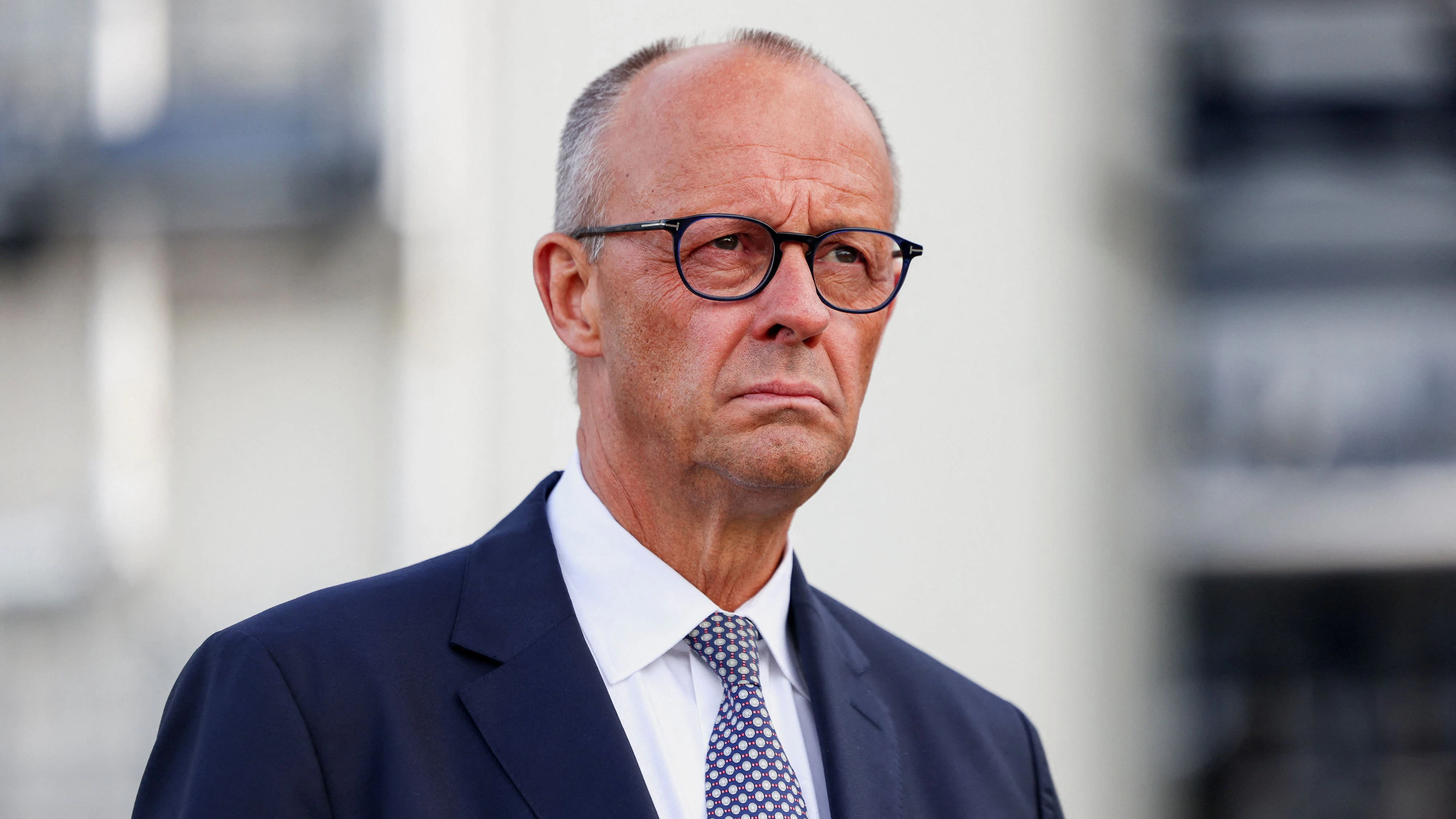German Chancellor and Christian Democratic Union (CDU) party leader Friedrich Merz gives a press statement after visiting UPM Biochemicals in Leuna, Germany, September 3, 2026.  REUTERS/Christian Mang