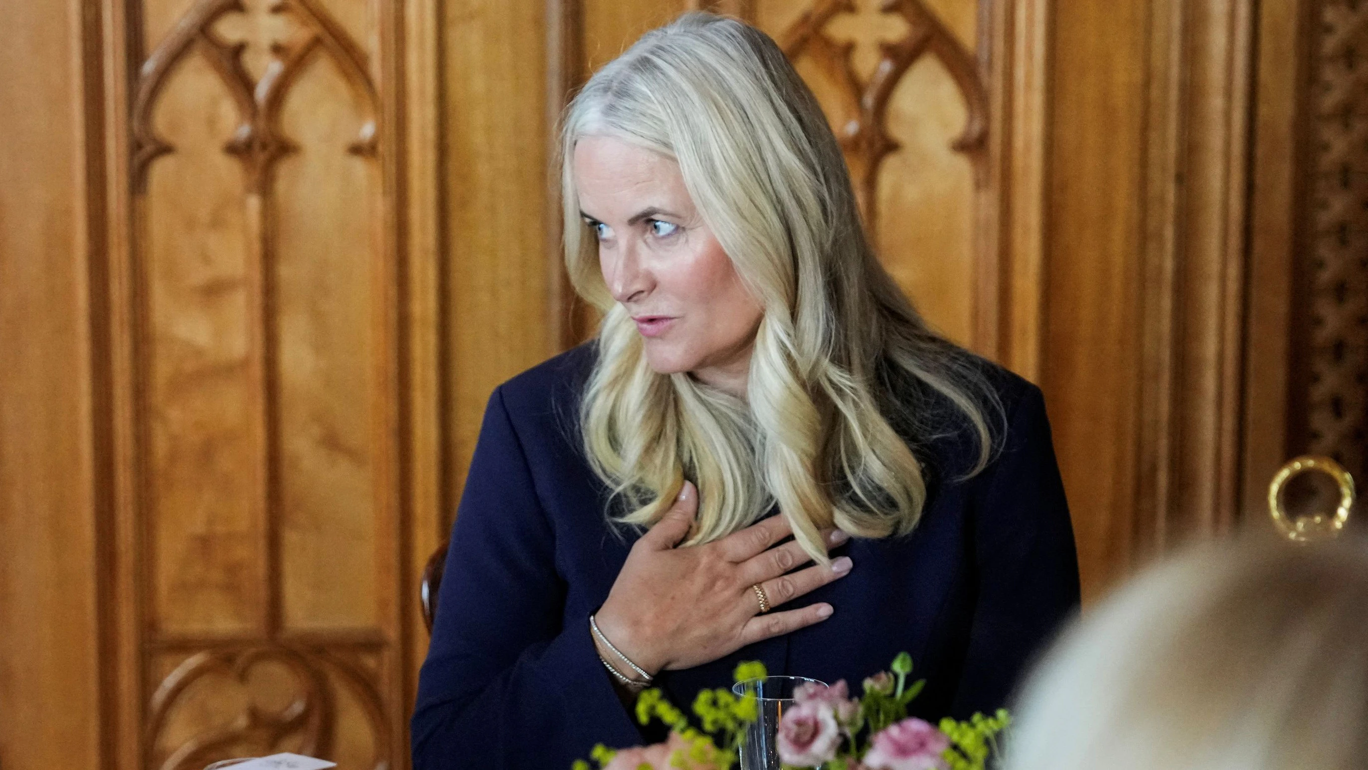 Norway's Crown Princess Mette-Marit and author Haruki Murakami attend an Afternoon Tea at Oscarshall palace, during choreographer Jiri Kylian's and Murakami's visit to Norway, in Oslo, Norway, June 6, 2025. Cornelius Poppe/NTB via REUTERS   