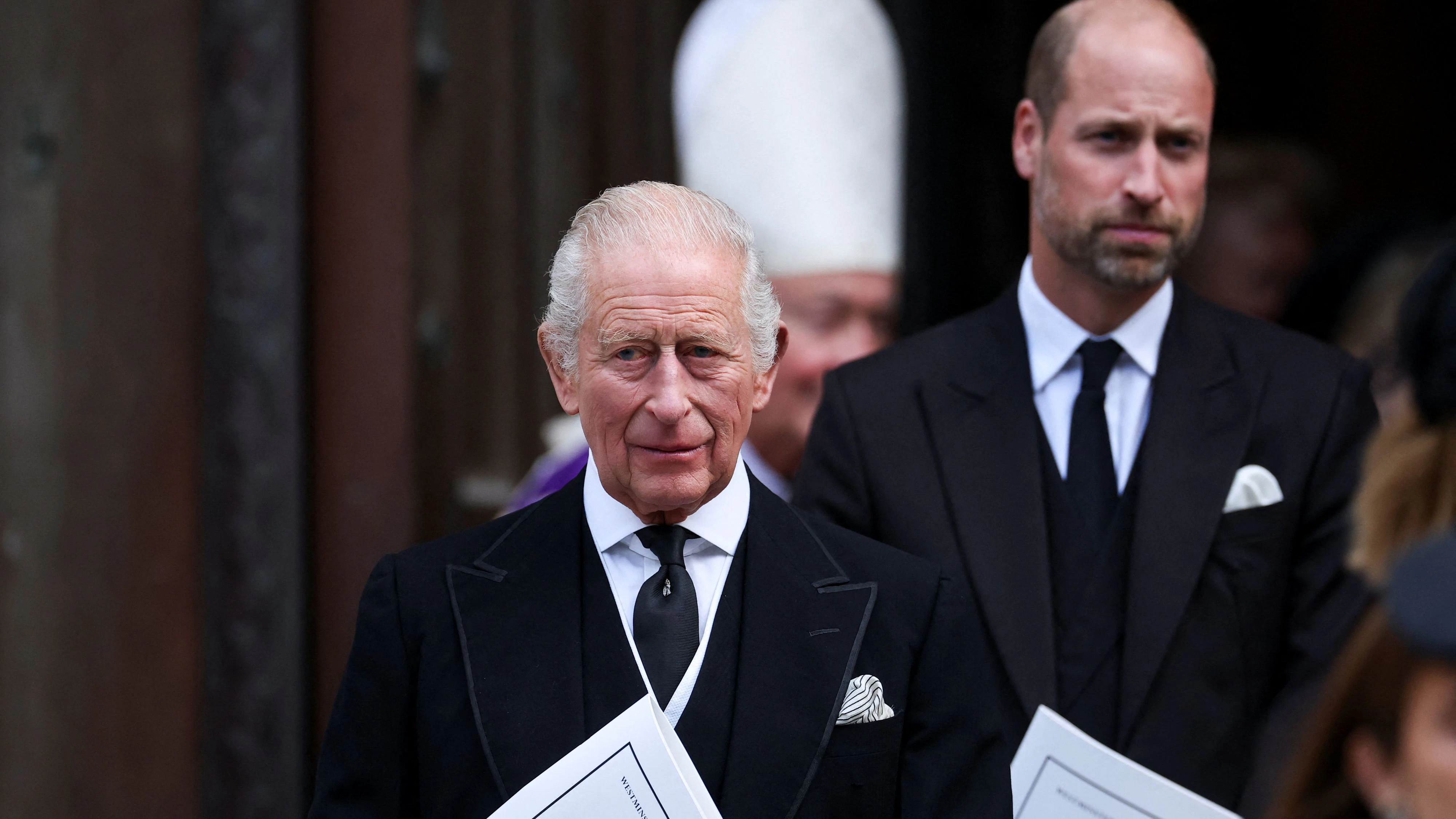 Britain's King Charles and Prince William leave Westminster Cathedral at the end of the Requiem Mass, on the day of the funeral of Britain's Katharine, Duchess of Kent, in London, Britain, September 16, 2025. REUTERS/Toby Melville