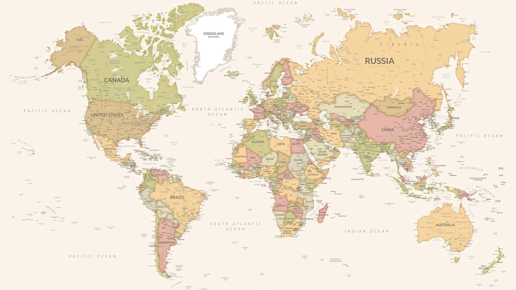 High-resolution political world map showing all countries with their borders, names, and major geographical features. The map displays continents, oceans, and national territories in different colors, providing a clear and detailed global overview. Ideal for educational, editorial, or design purposes.
