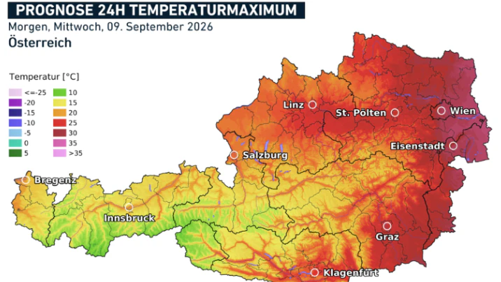 Prognose Temperaturmaximum für Mittwoch, 09.09.2026