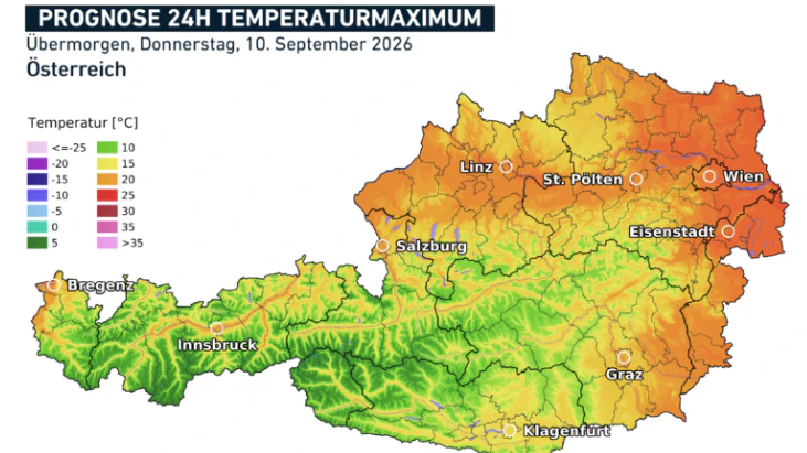 Prognose Temperaturmaximum für Donnerstag, 10.09.2026