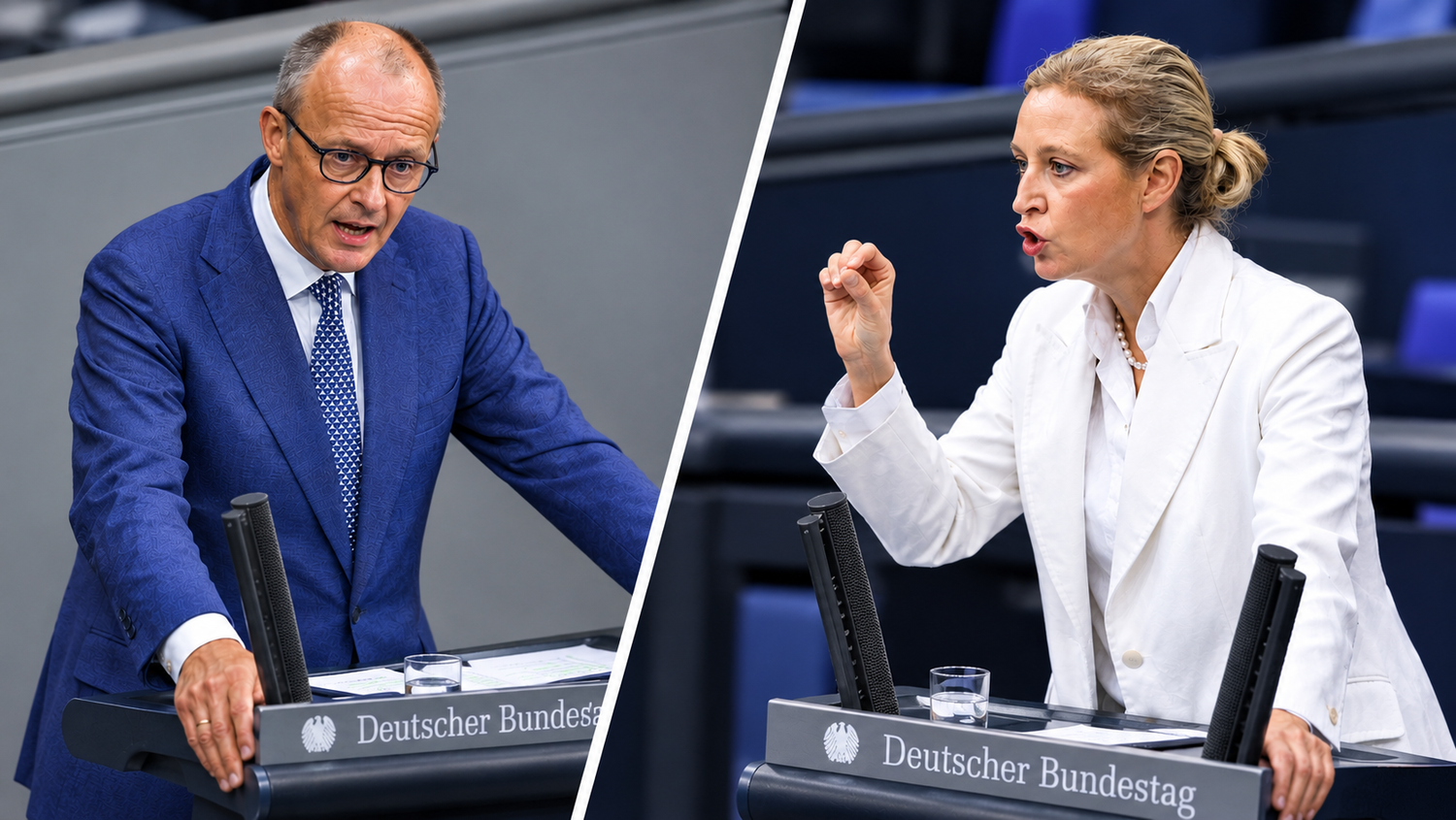 Heftiges Duell zwischen Friedrich Merz (CDU) und Alice Weidel (AfD) im Bundestag.
