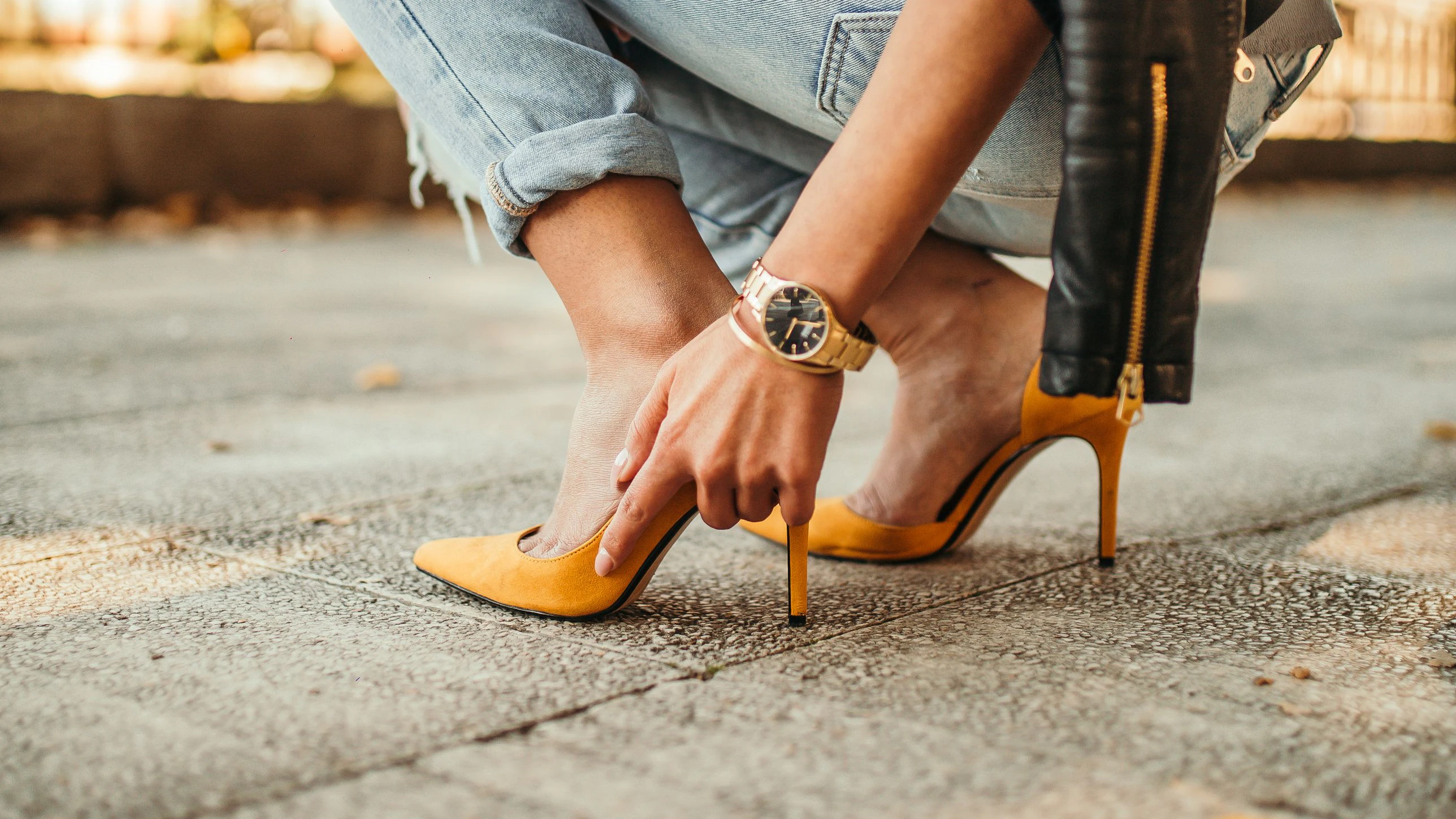 Young pretty fashioned girl. New Shoes Problems