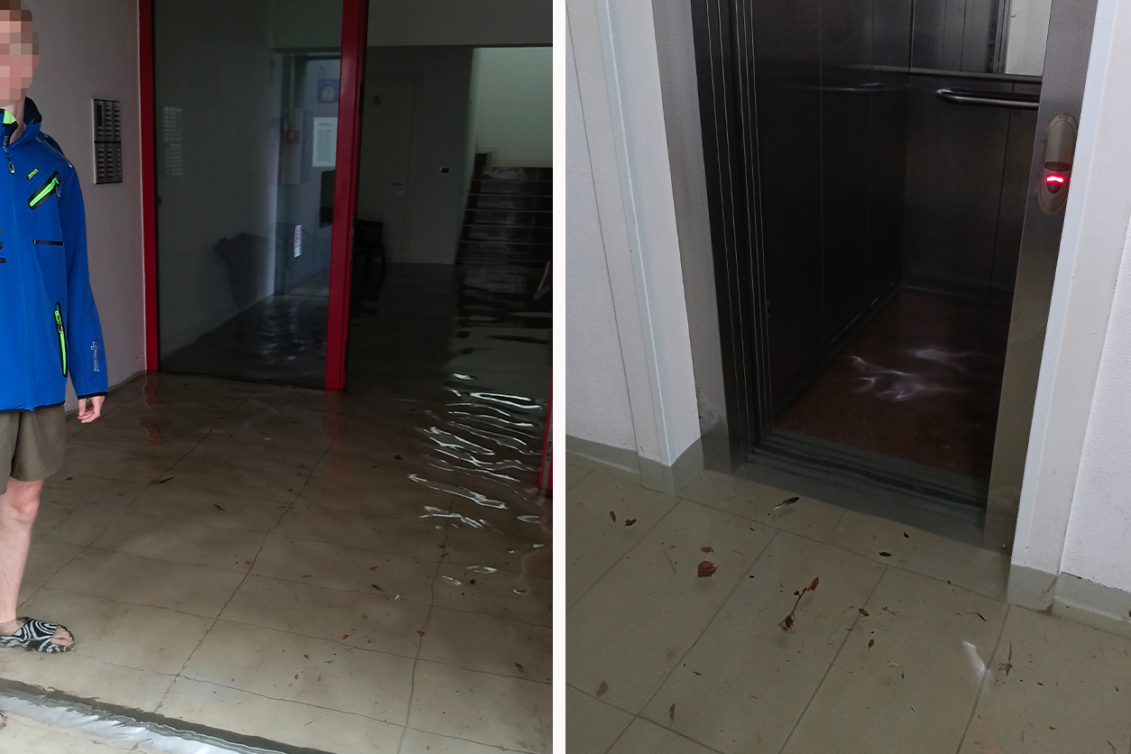 Der Eingangsbereich wurde durch das Unwetter komplett überschwemmt.