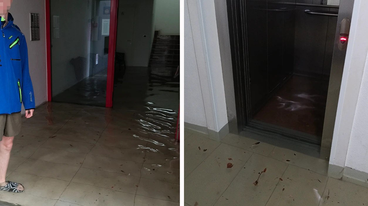 Der Eingangsbereich wurde durch das Unwetter komplett überschwemmt.