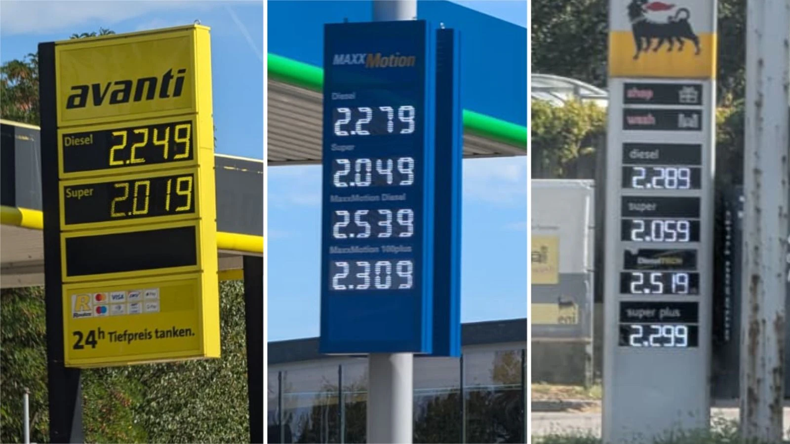 Nichts mehr unter 2 Euro: Blick auf Tankstellen-Preisanzeigen in Klosterneuburg am 7. September 2026.