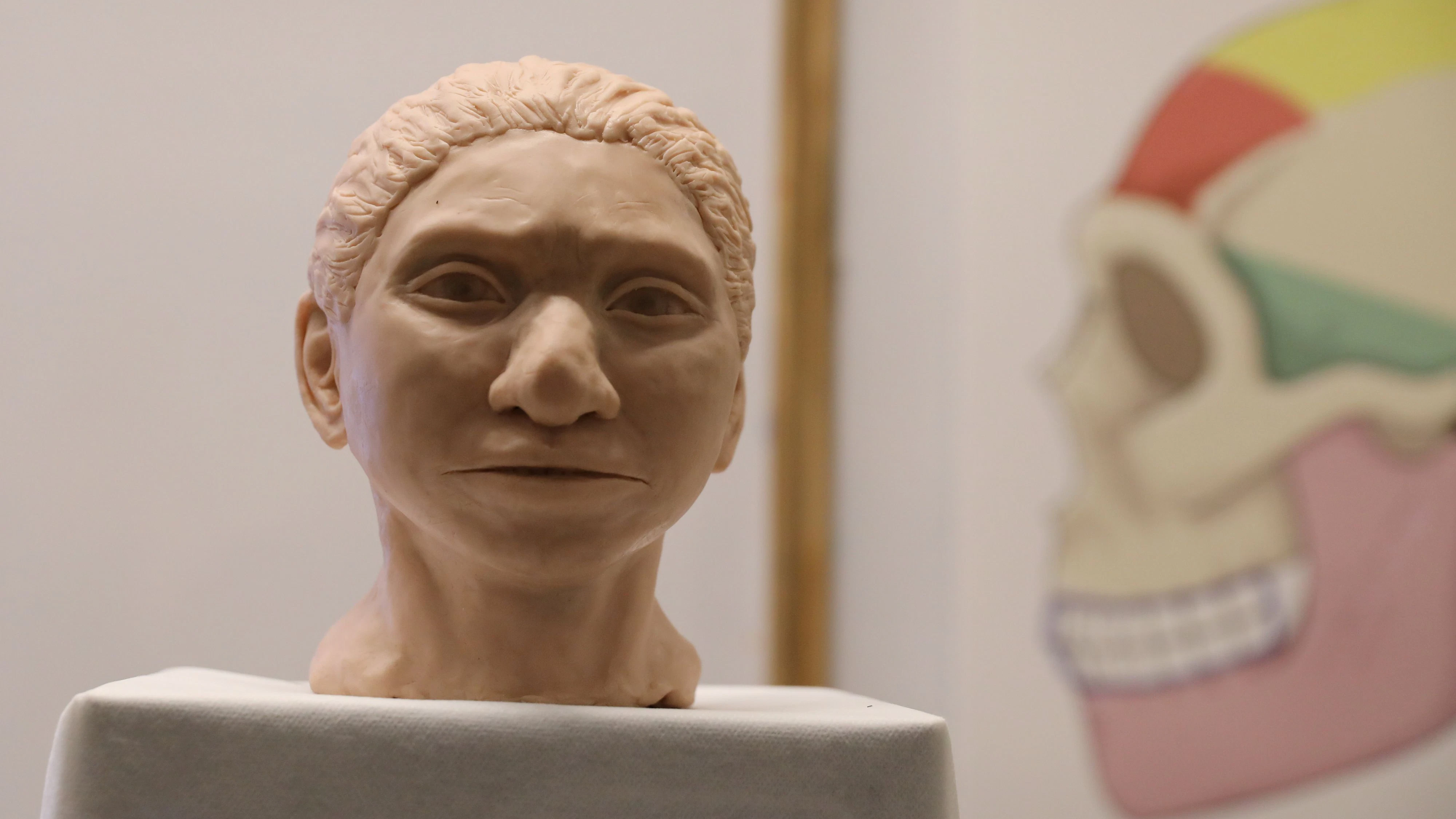 The artistic rendering of the head and face of a 13-year-old girl from the the prehistoric human species, Denisovan, based on technology developed by Hebrew University professor Liran Carmel and his team, is revealed at a news conference in Jerusalem September 19, 2019. REUTERS/Ammar Awad