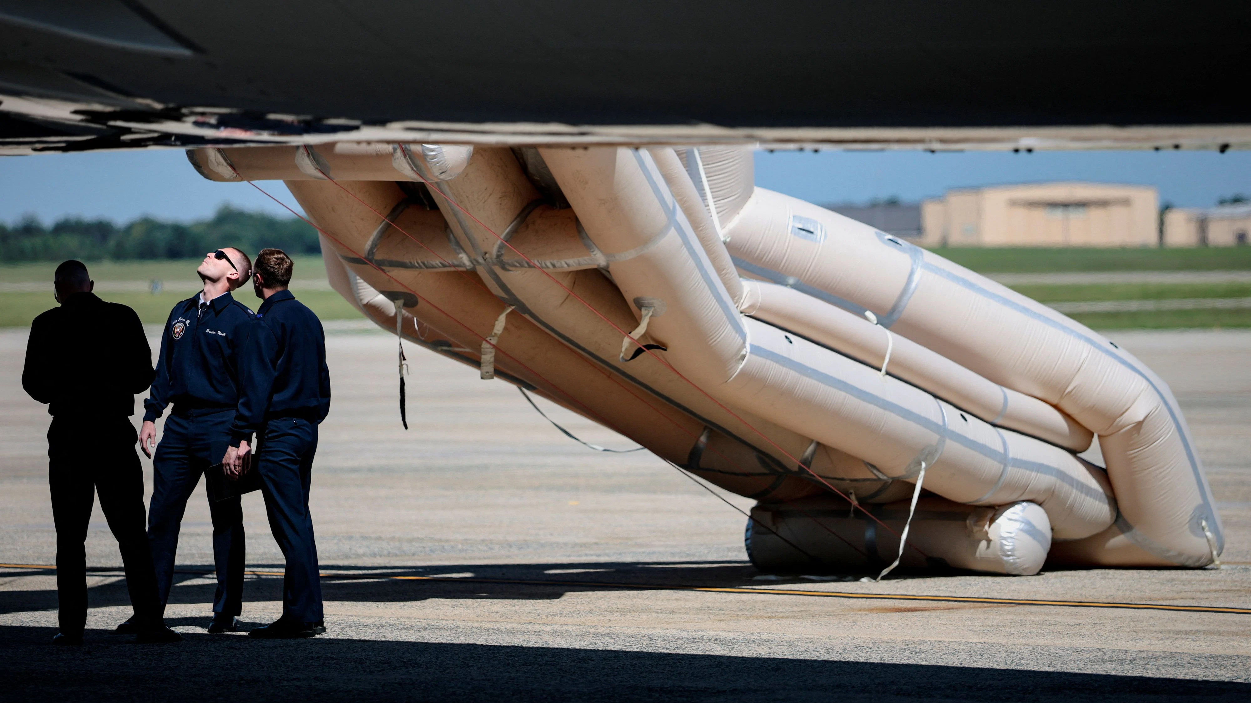 The emergency slide of Air Force One is deployed ahead of U.S. President Donald Trump's trip to the Republican National Midterm Convention, at Joint Base Andrews, Maryland, U.S., September 9, 2026. REUTERS/Evan Vucci 