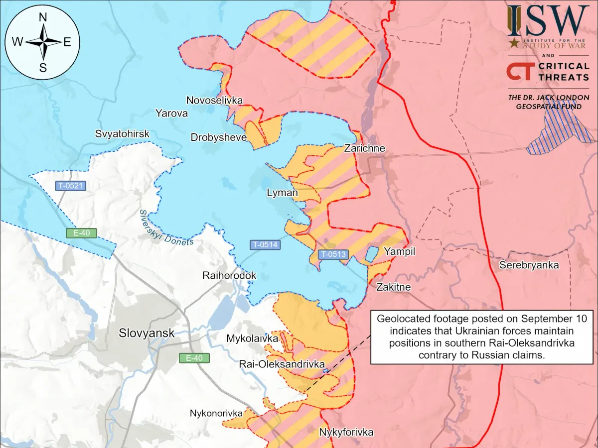 Die russischen Streitkräfte setzten am 9. und 10. September ihre Offensivoperationen in Richtung Slowjansk fort, konnten jedoch keine Fortschritte erzielen, da die ukrainischen Streitkräfte ihre Gegenangriffe in der Umgebung von Lyman fortsetzten.