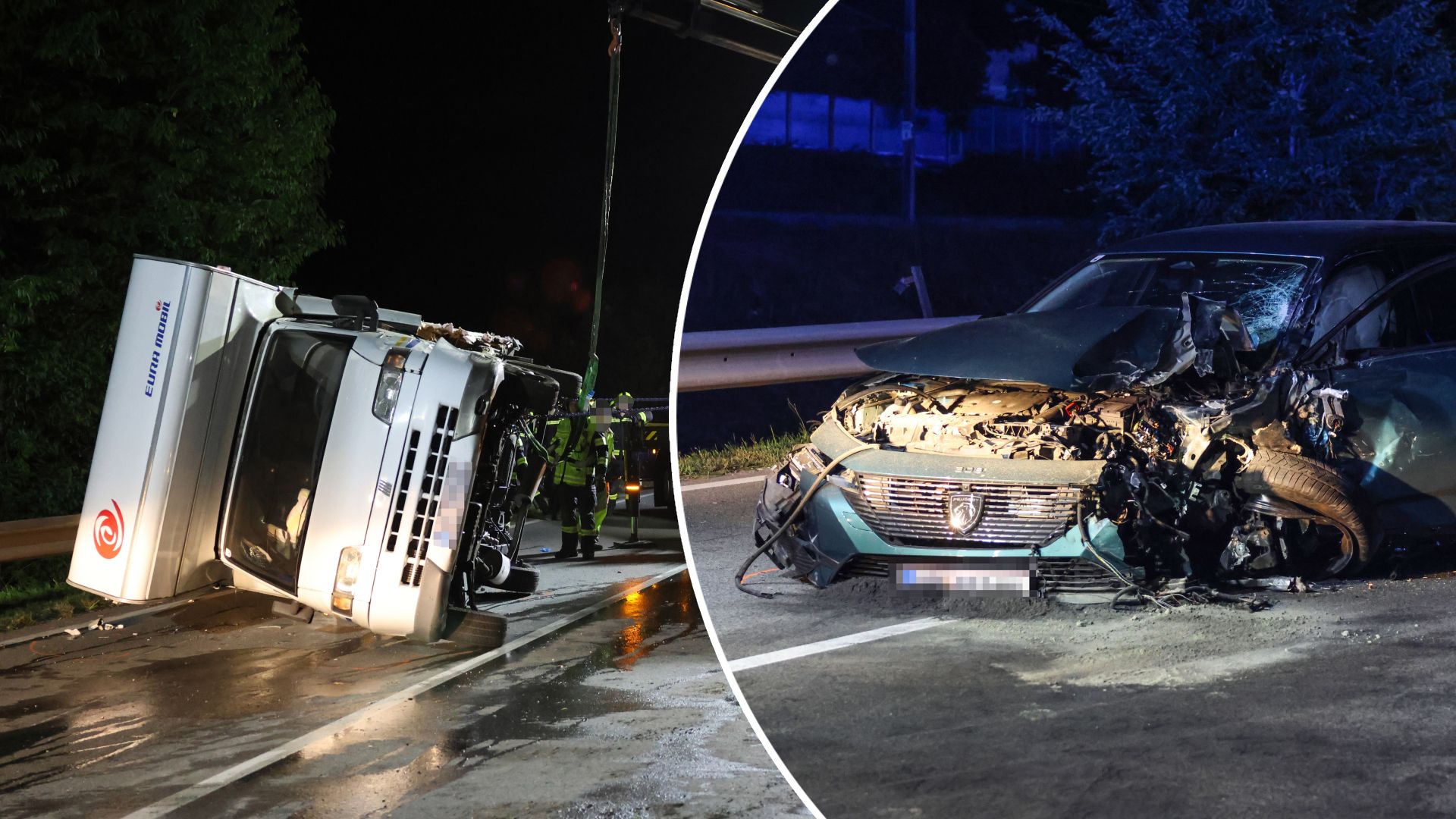 Das Wohnmobil landete nach dem Crash auf der Seite, der Pkw wurde schwer demoliert.