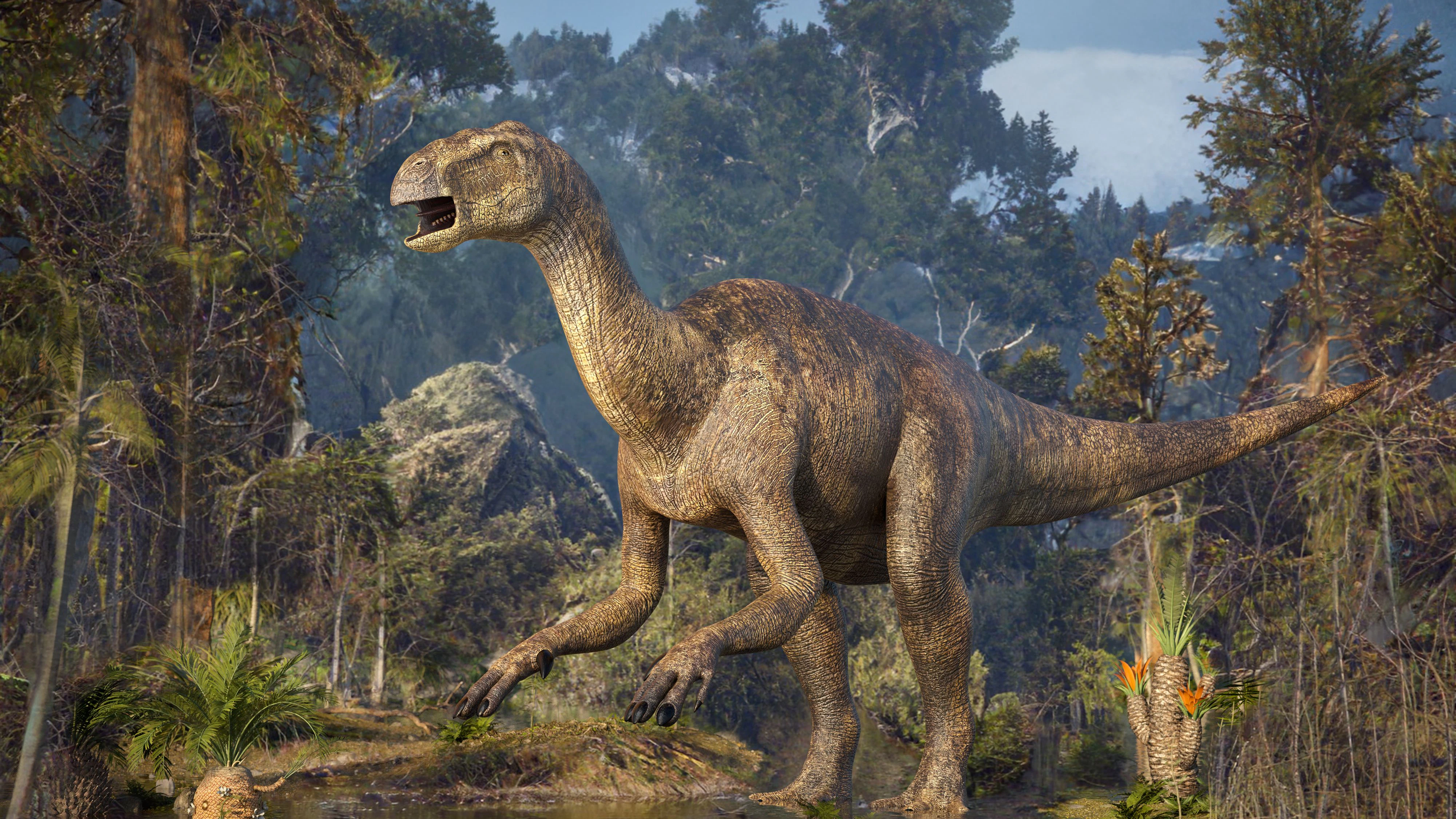 Illustration of an Iguanodon (meaning iguana-tooth), named in 1825 in Sussex, England, UK. It was the very first plant-eating dinosaur recognised by science. These herbivorous ornithopod dinosaurs lived about 125 million years ago in the Early Cretaceous. They were about 10 metres long and weighed up to 3.4 tonnes.