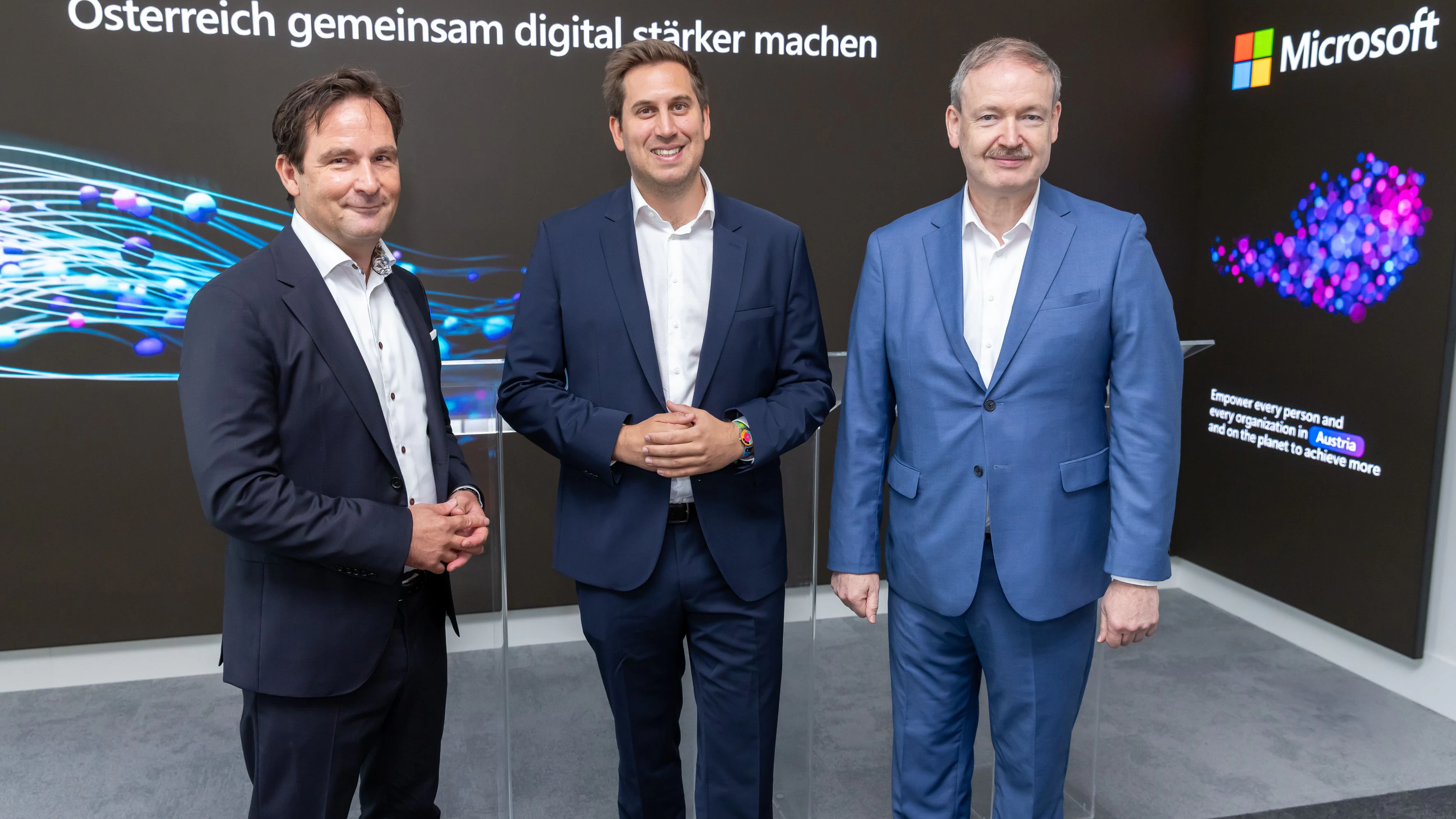 Hermann Erlach, General Manager von Microsoft Österreich; Alexander Pröll, Staatssekretär für Digitalisierung; Christian Helmenstein, Chefökonom der Industriellenvereinigung und Economica-Leiter.