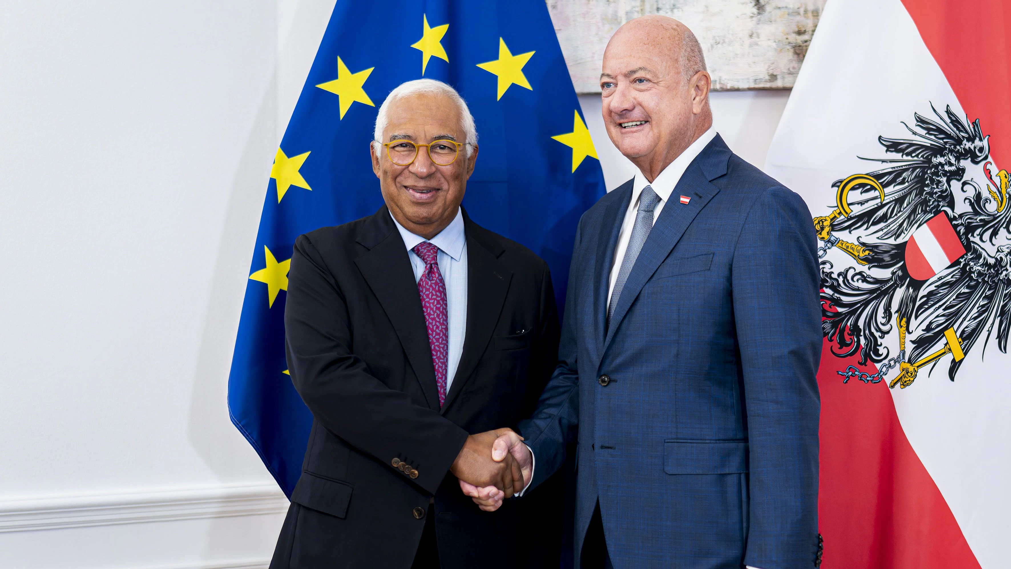 Bundeskanzler Christian Stocker (ÖVP) empfängt EU-Ratspräsident António Costa in Wien.
