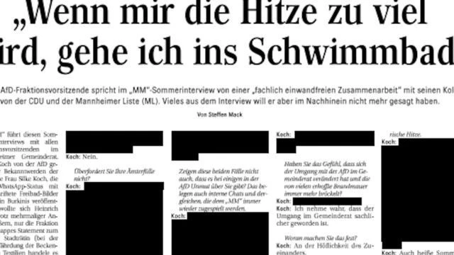 Der "Mannheimer Morgen" veröffentlicht ein Interview mit AfD-Politiker Heinrich Koch mit zahlreichen geschwärzten Stellen.