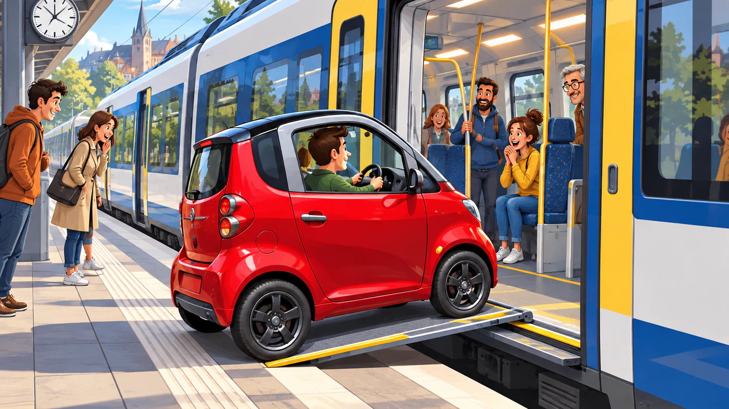 In der Schweiz rollte ein Pendler doch tatsächlich mit seinem Micro-Auto in den Zug, um mitzufahren.
