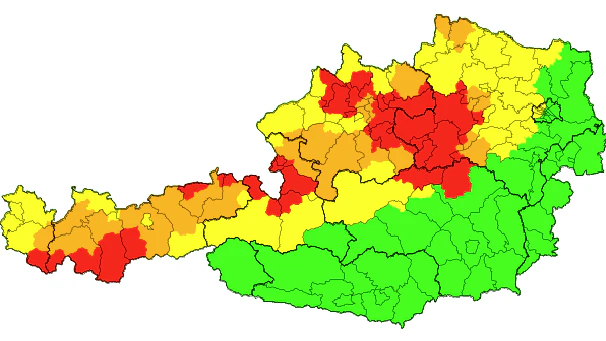 Die Unwetterwarnungen um 20 Uhr. Die Zelle hat sich mittlerweile ins Mostviertel verlagert. 