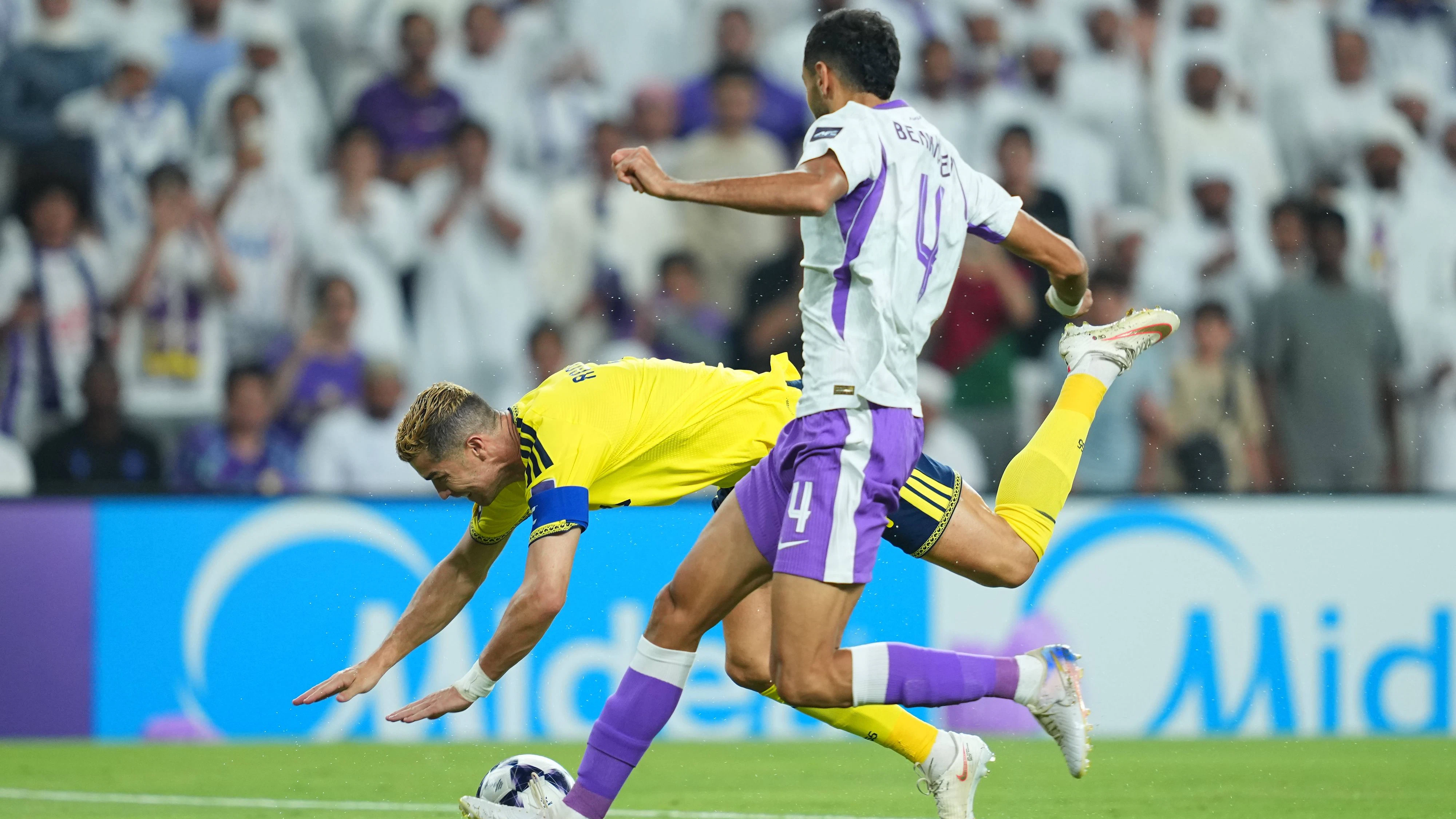 AL AIN, UNITED ARAB EMIRATES - SEPTEMBER 15: Cristiano Ronaldo of Al-Nassr FC and Yahya Benkhaleq of Al-Ain FC during the AFC Champions League Elite group stage match between Al Ain FC and Al Nassr at the Hazza bin Zayed Stadium on September 15, 2026 in Al Ain, United Arab Emirates. Al Ain vs. Al- Nassr - 2026 27 AFC Champions League Elite match 1 of 8 - West Region group at Hazza bin Zayed Stadium, Al Ain, UAE. 15 SEPTEMBER 2026 Copyright: xx