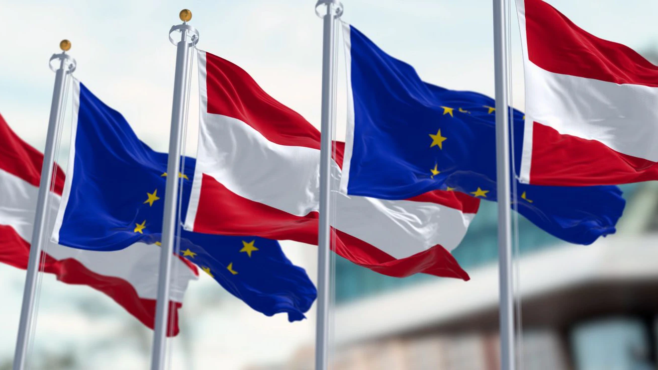 Austria and European Union flags waving together on a clear day. Democracy and politics. European country. 3d illustration render. Fluttering fabric