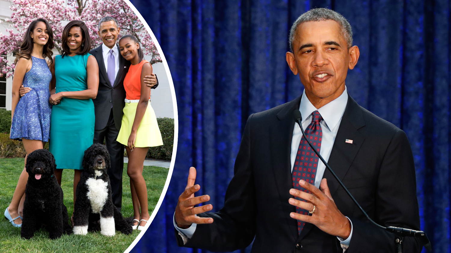 Barack Obama mit Frau Michelle, Töchtern Malia und Sasha und den Hunden Sunny (l.) und Bo (starb 2021) im Jahr 2015.