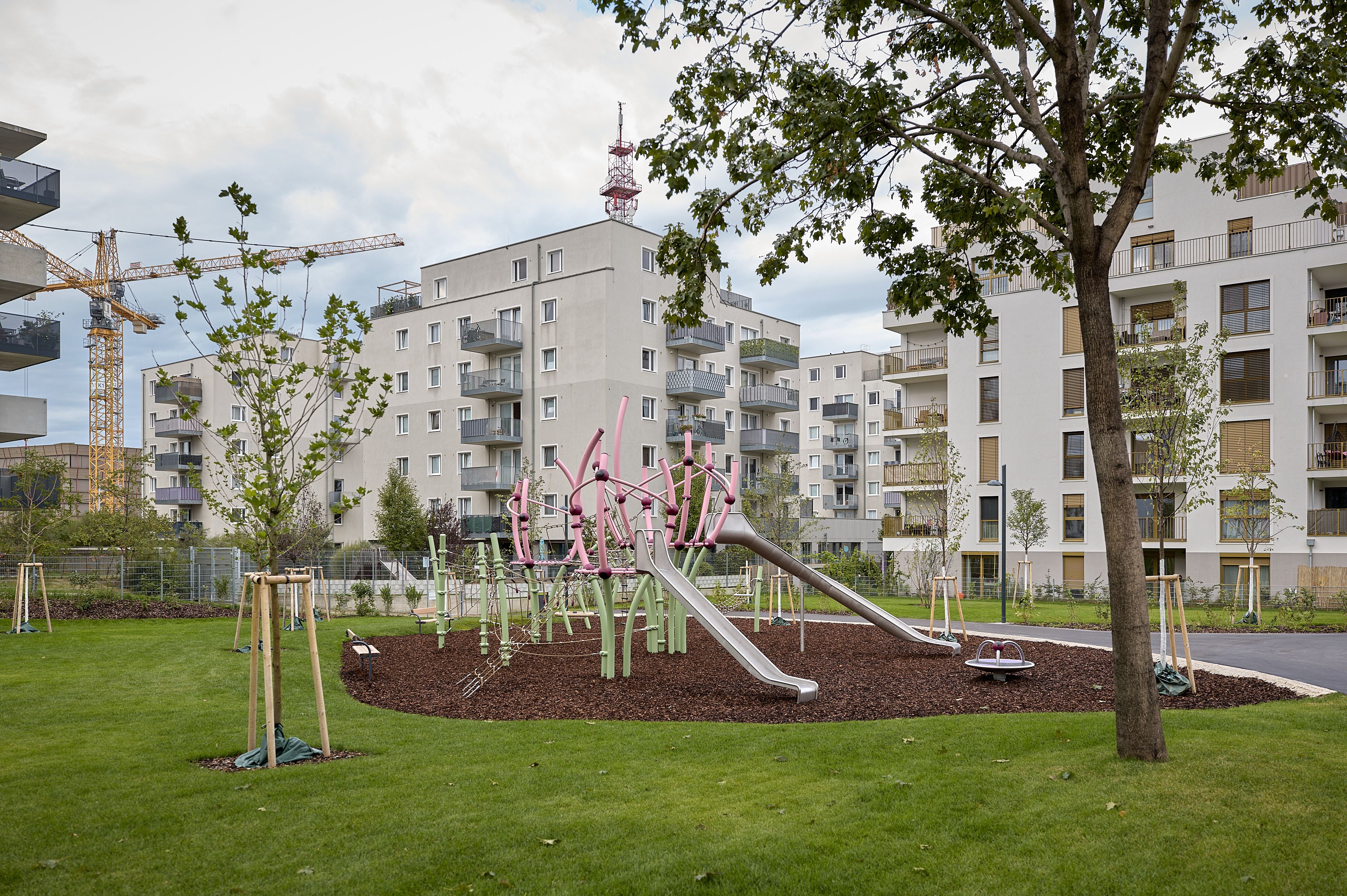 Der Violapark bietet auf 6.200 Quadratmetern mehr Grün und einen Spielplatz mit Krokusblüte-Gerüst.