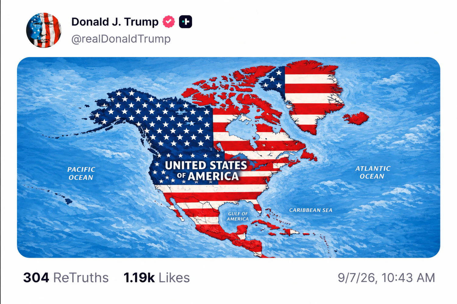 Mexiko, die Karibik-Staaten, Kanada, Grönland und Island als Teil der USA: Diese Karte postete Trump erst Anfang September auf Truth Social