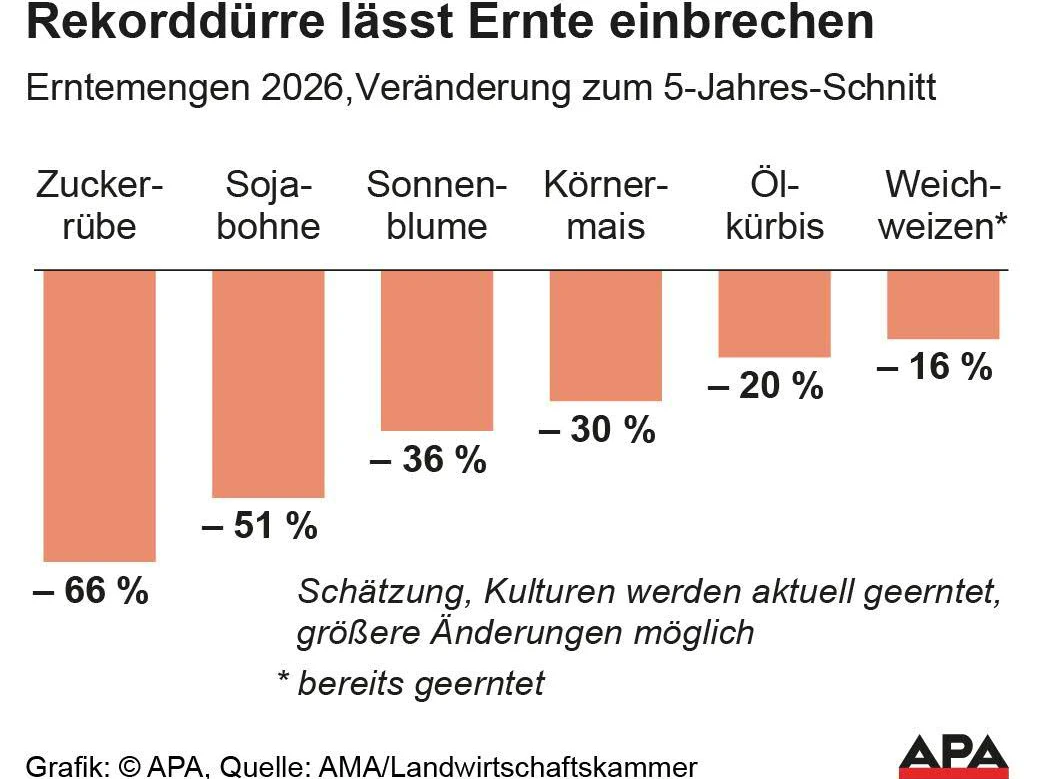 Erntemengen 2026 nach Sorten, Veränderung zum 5-Jahres-Schnitt in Prozent. Quelle: AMA/Landwirtschaftskammer