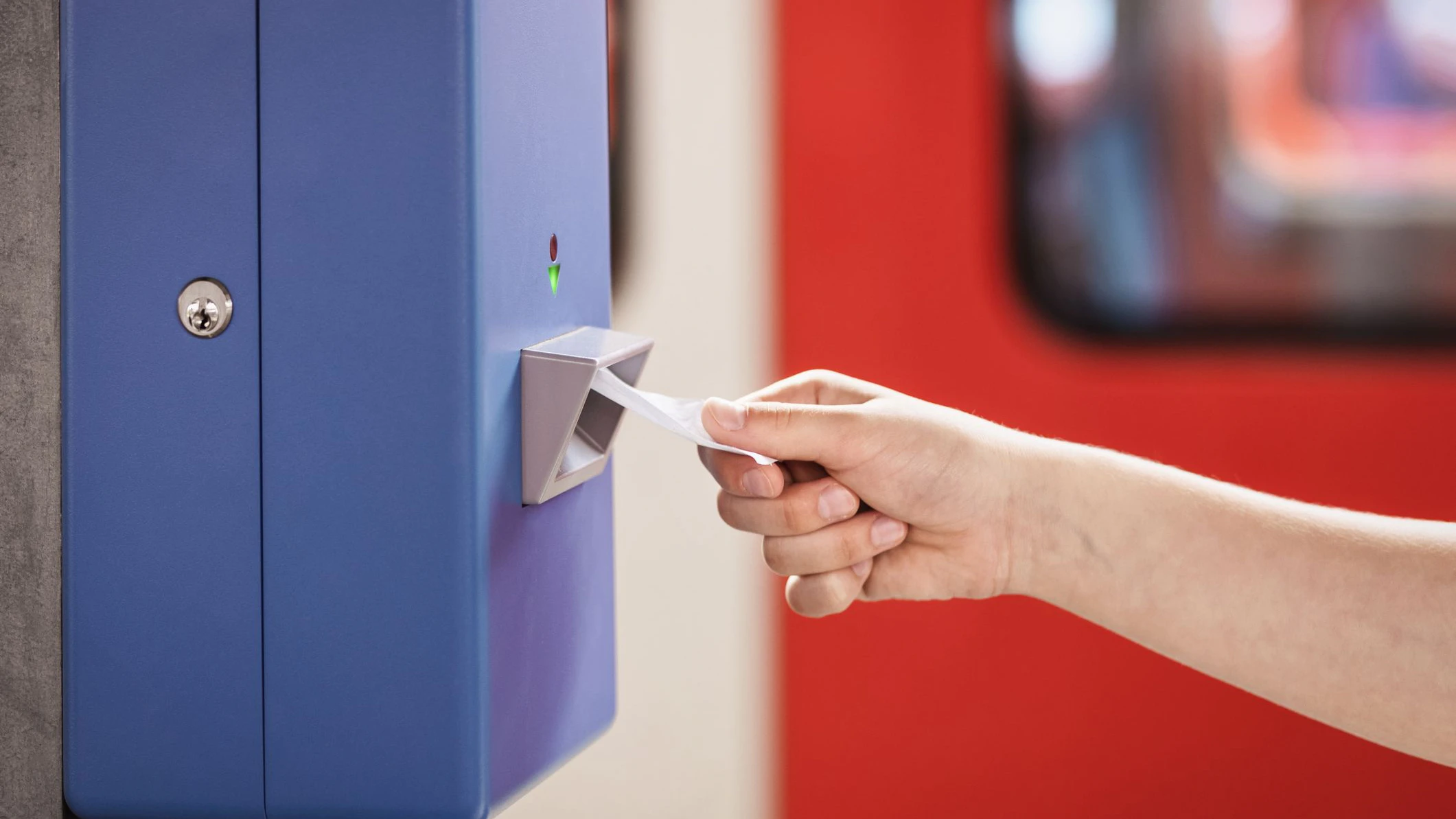 Ticket Vending Machine for Buying Tickets on Train Background. Purchase Ticket at Automated Ticket Machines.