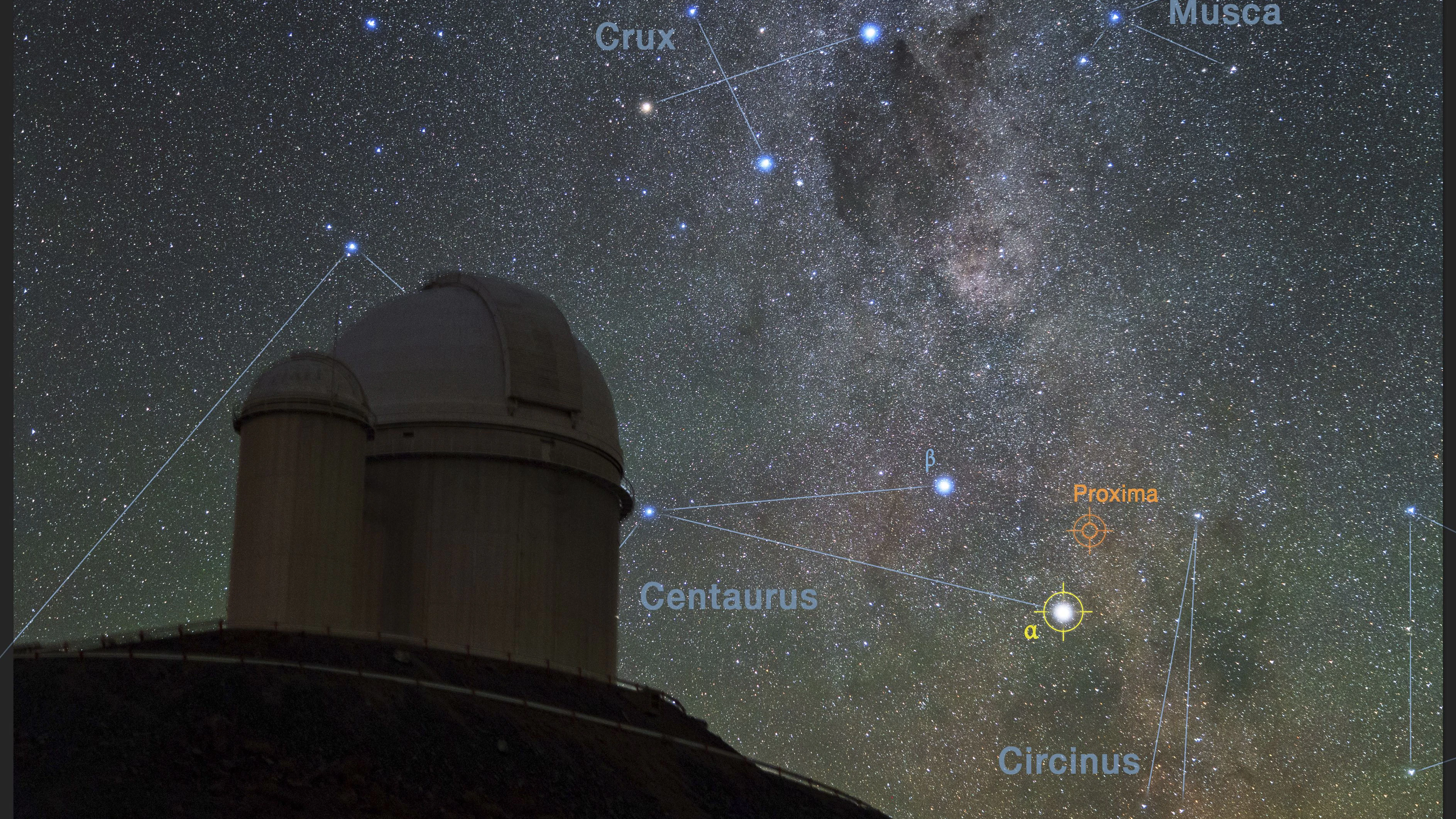 Der Stern Proxima Centauri und der Doppelstern Alpha Centauri AB vom NASA/ESA-Weltraumteleskop Hubble aus gesehen.