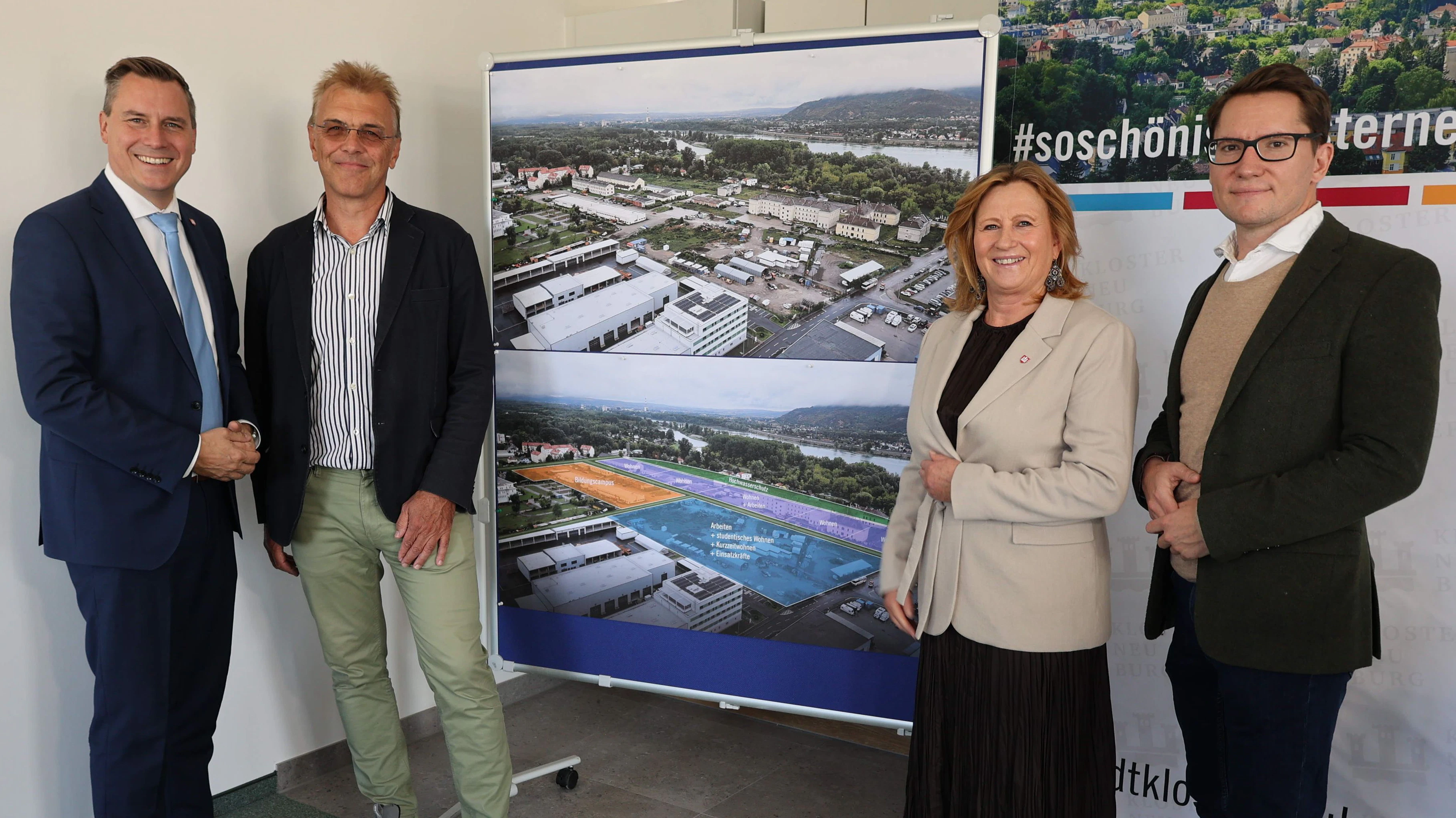 v.l.n.r.: Bürgermeister Christoph Kaufmann (VP), Dr. Johannes Edtmayer (Stadtrat für Stadtplanung und Stadtentwicklung), Vizebürgermeisterin Dr. Maria T. Eder (VP, Ausschussvorsitzende für Bildung und Familien) und Dr. Clemens Ableidinger (Stadtrat für Digitalisierung und Hochbau)