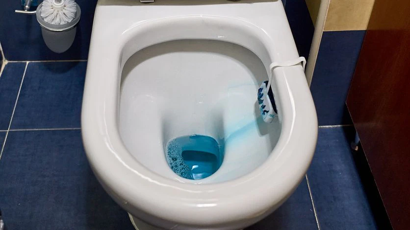 clean toilet with running water with blue detergent to disinfect
