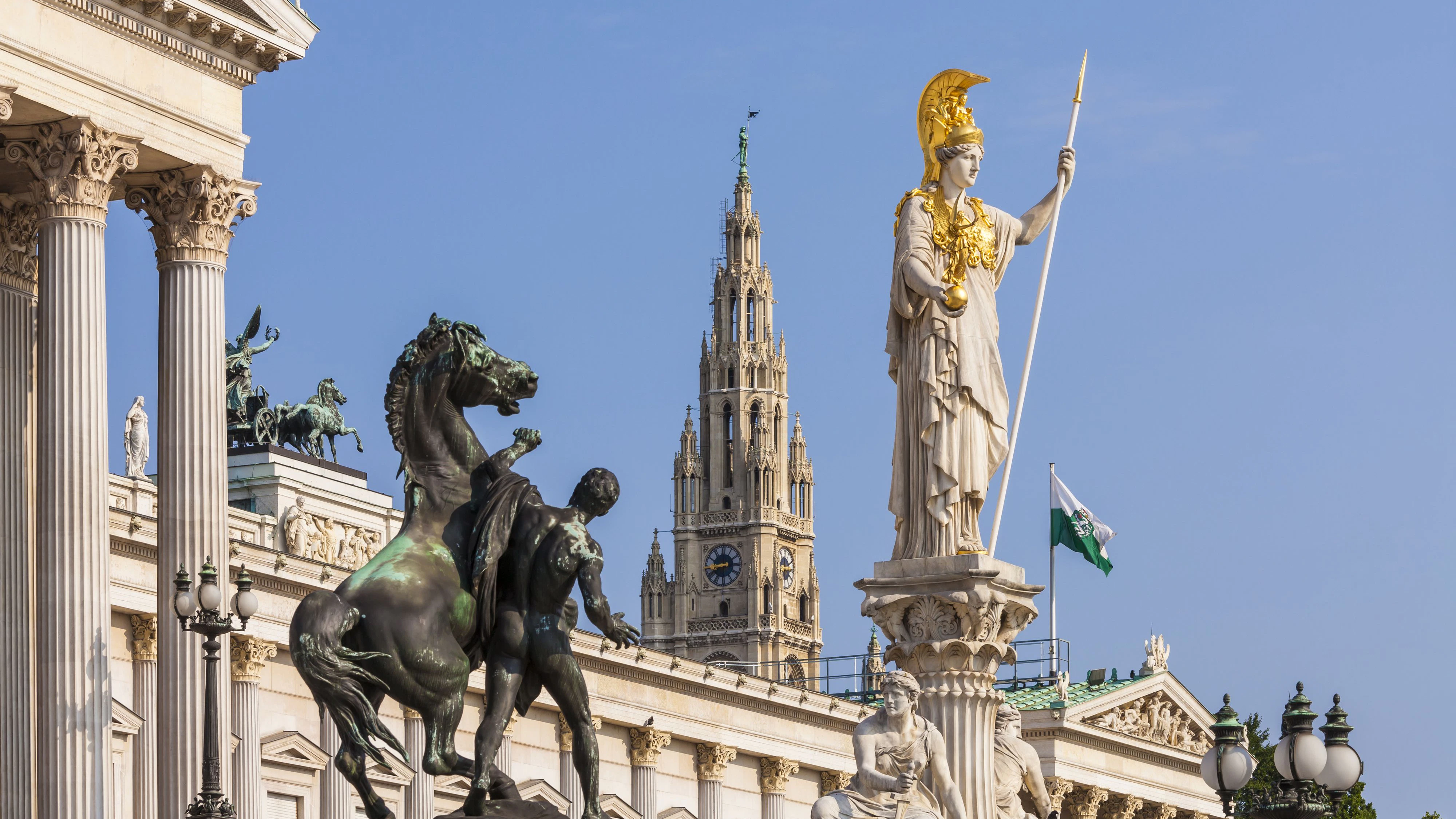 Austria, Vienna, parliament, Statue Pallas Athene, city hall in background