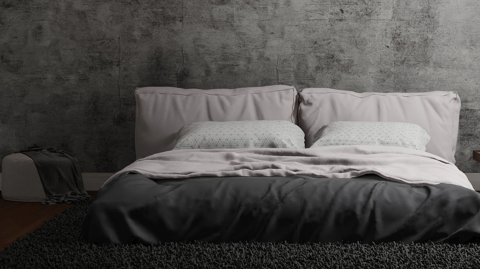 interior design of bedroom with double bed and loft style wall, 3D rendering