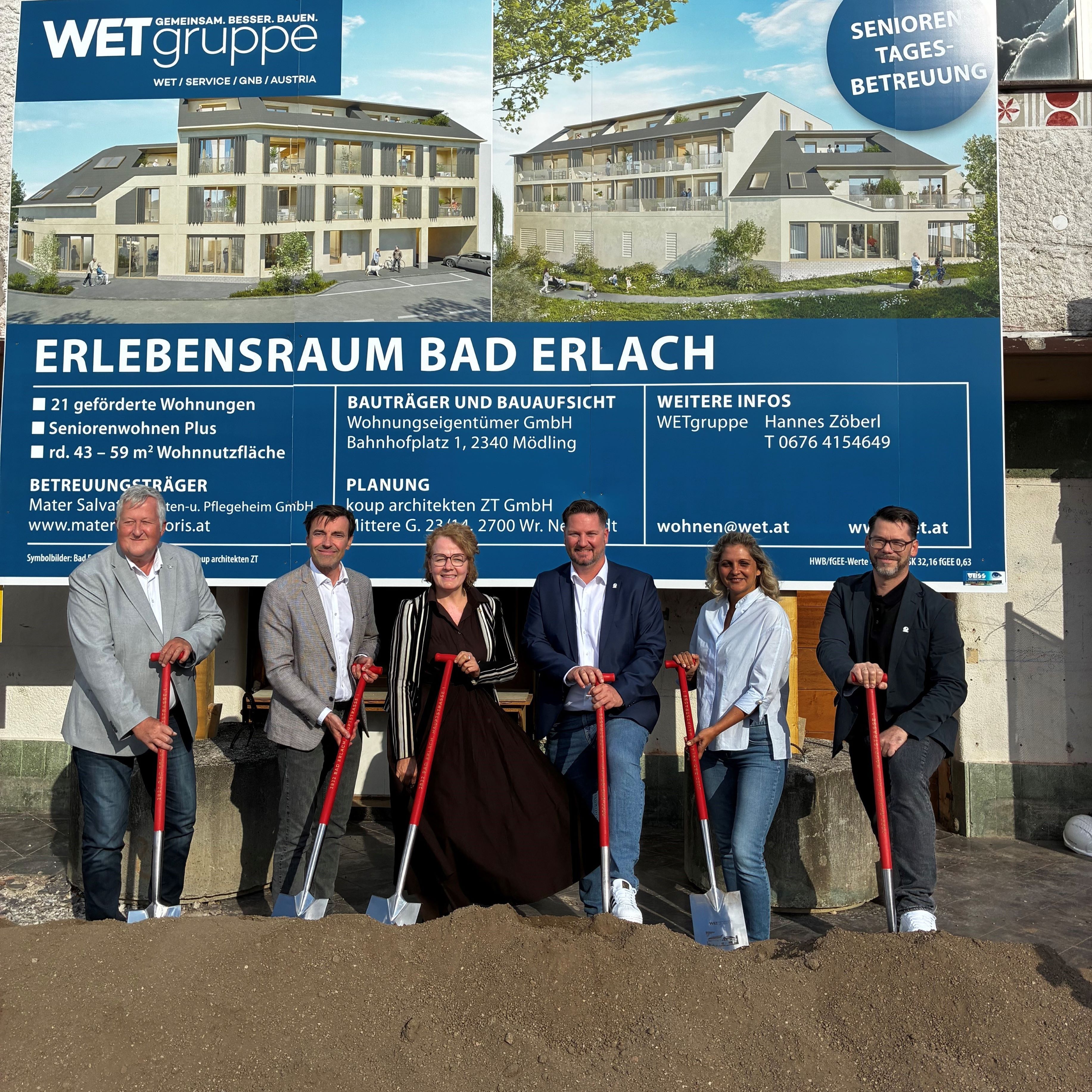 (v.l.n.r.): Vizebürgermeister Harald Wrede, WET-Geschäftsführer Christian Rädler, Wohnbau-Landesrätin Christiane Teschl-Hofmeister, Mater Salvatoris-Geschäftsführer Christian Gmeiner, Bürgermeisterin Bärbel Stockinger und Mater Salvatoris-Geschäftsführer Günther Schranz