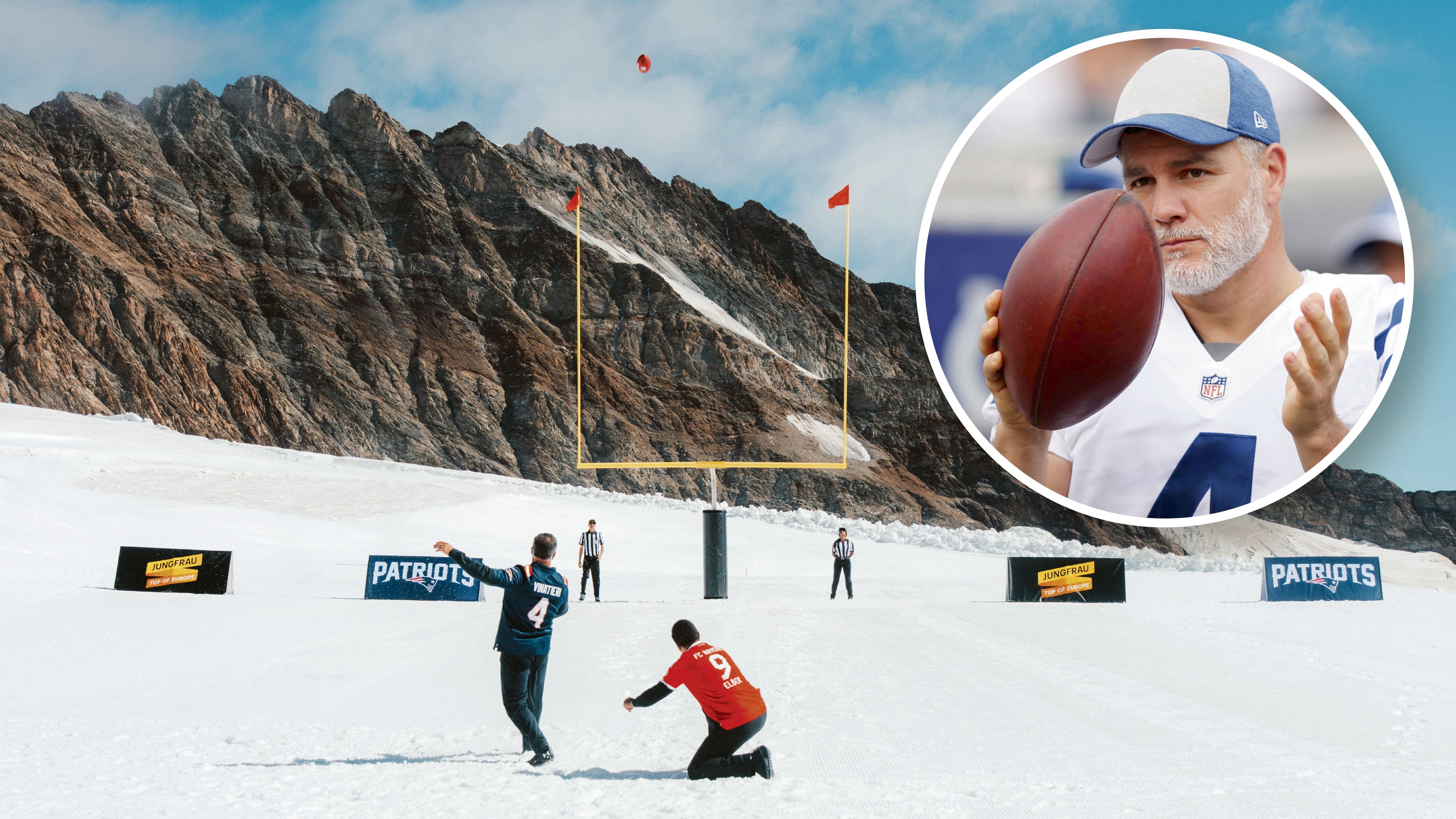 Adam Vinatieri bei seinem Field Goal am Schweizer Jungfraujoch.
