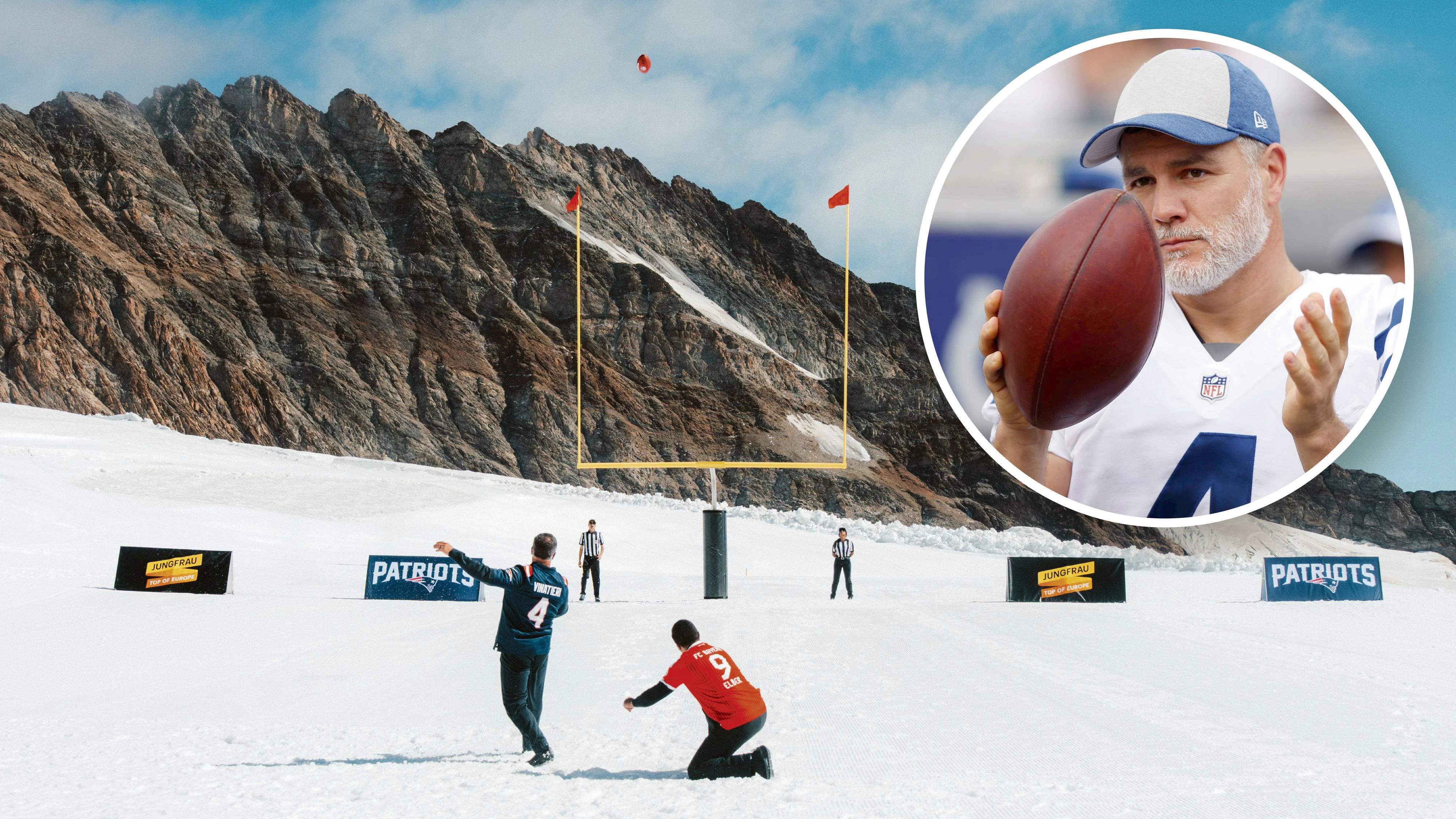 Adam Vinatieri bei seinem Field Goal am Schweizer Jungfraujoch.