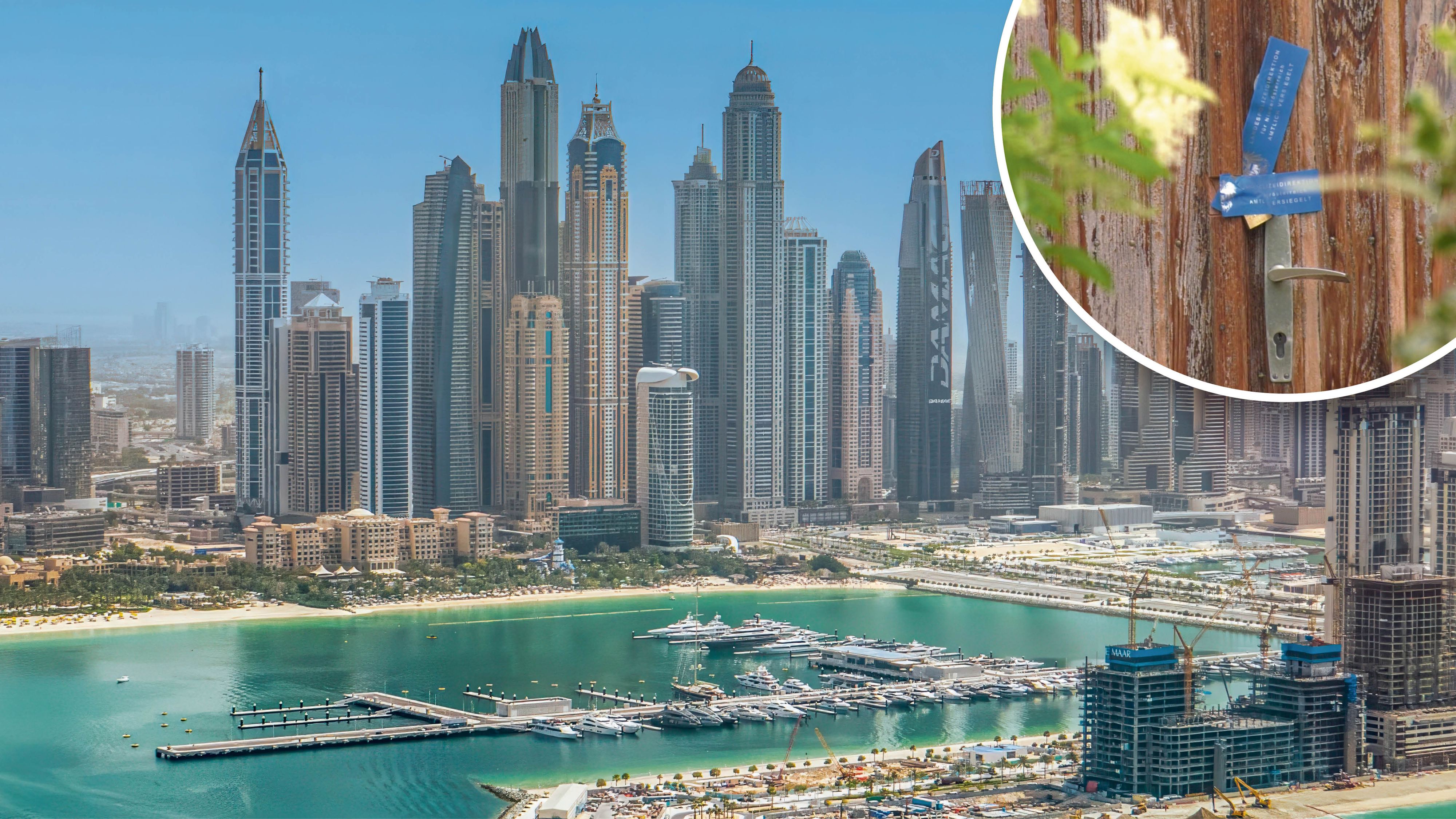 Der tatverdächtige 57-Jährige war auf Urlaub in Dubai; der Tatort in Münchendorf mit der eingemauerten Mutter (Kreis)