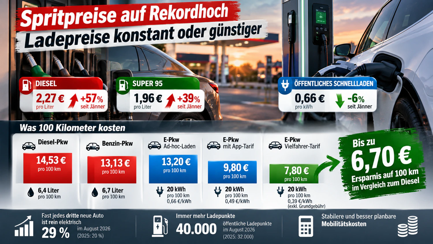 Der aktuelle Check zeigt: Die Preisexplosion bei Sprit macht E-Autos immer attraktiver.