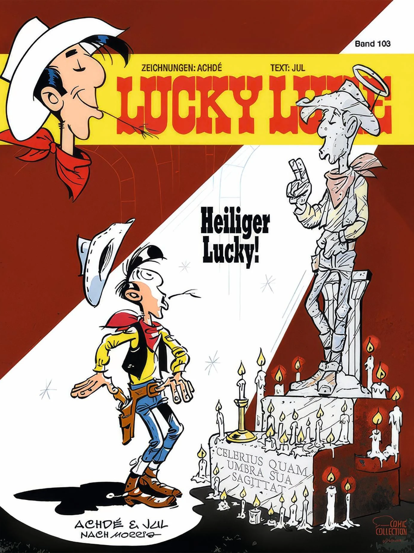 Ein erster Blick auf der Cover von Album Nr. 103 "Heiliger Lucky" von <strong>Achdé</strong> &amp; <strong>Jul</strong>.